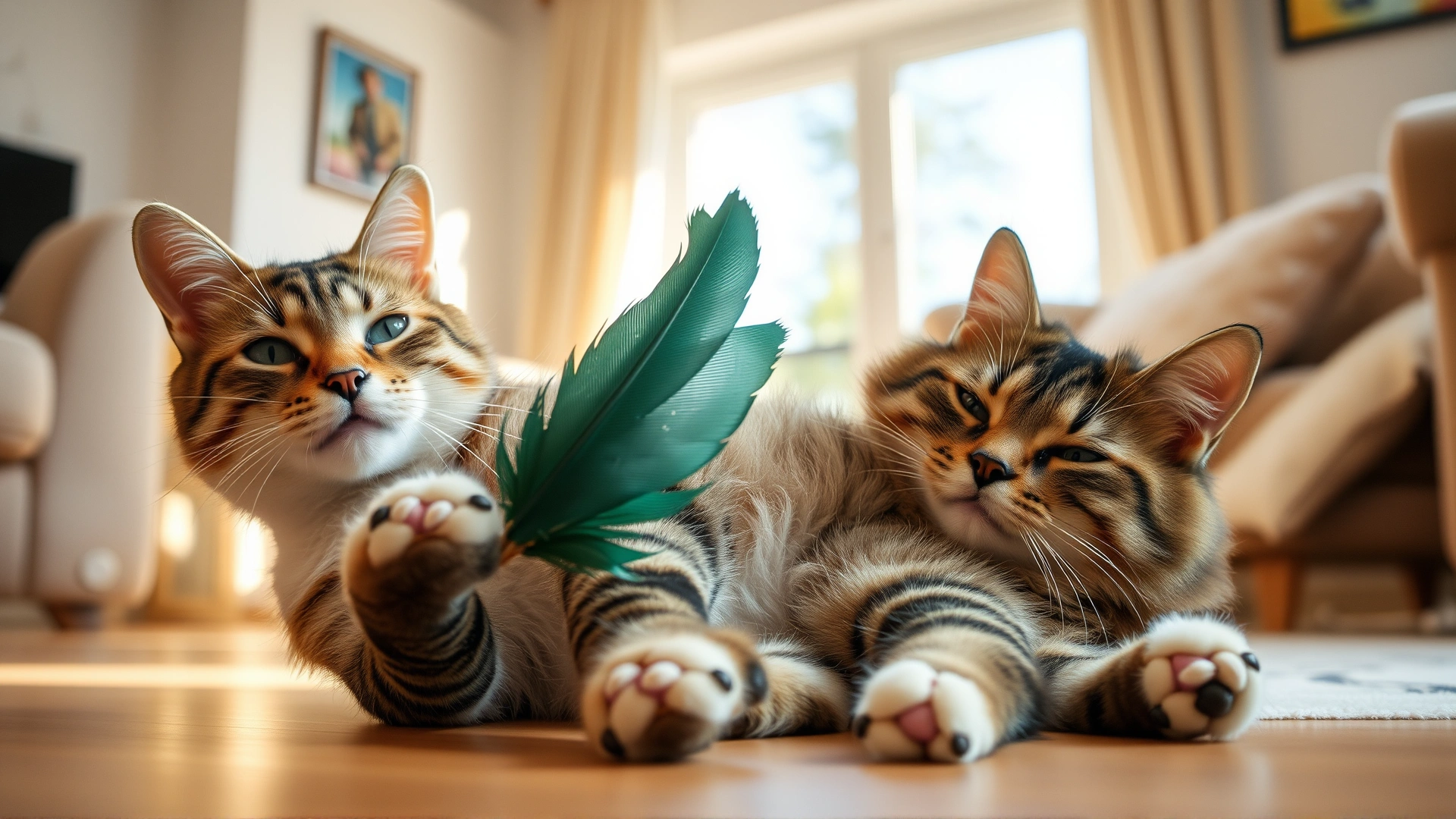 Domestic cat relaxed and playing with an interactive feather toy in a cozy living room, natural daylight coming through a window.