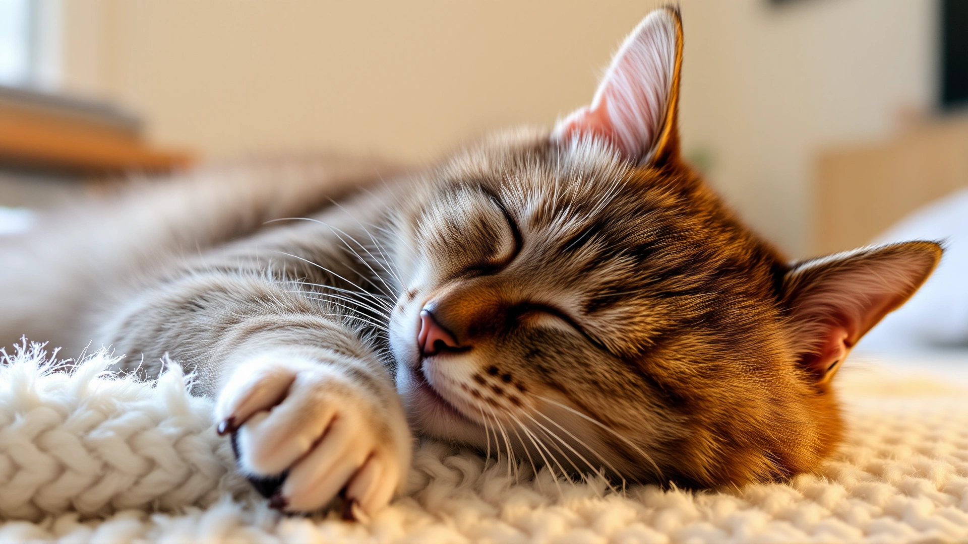 Content cat resting on a fluffy blanket after playtime, eyes half-closed, warm indoor lighting