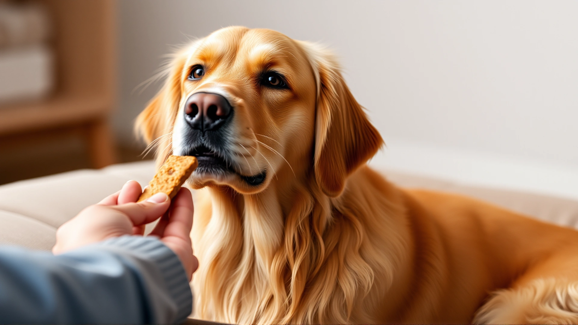 Golden retriever sitting calmly while receiving a treat from owner's hand, soft background