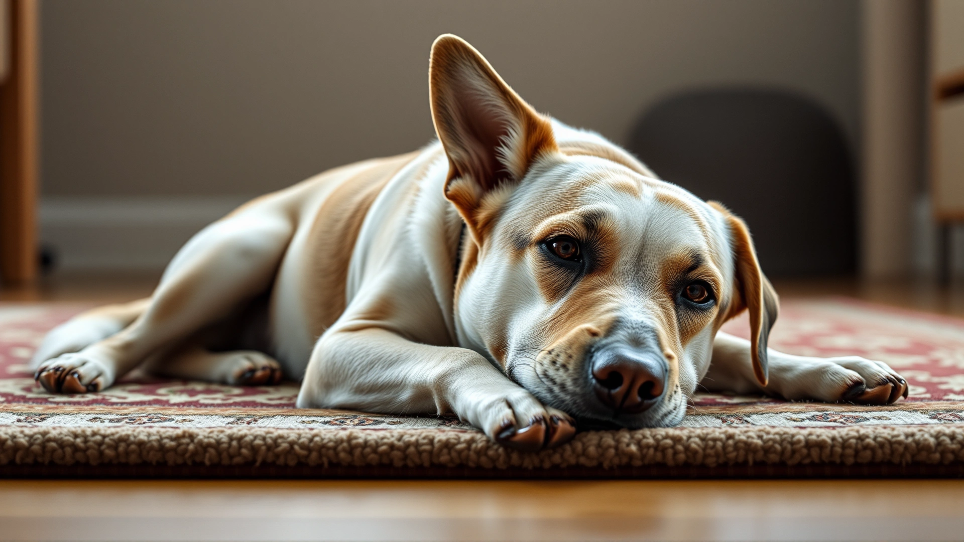 Same dog from hero image lying calmly on a rug after obeying the quiet command, soft indoor lighting, no text on image