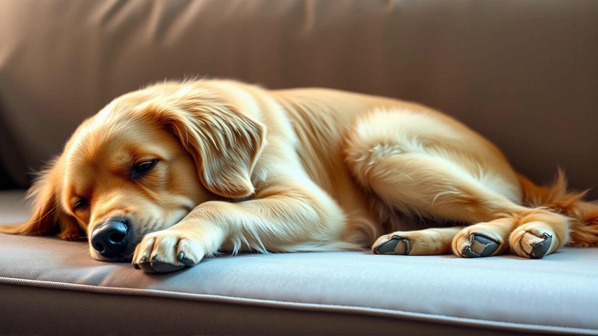 A relaxed golden retriever lying on a couch with soft lighting, representing the calming effect of acepromazine, no text, high-resolution photo.