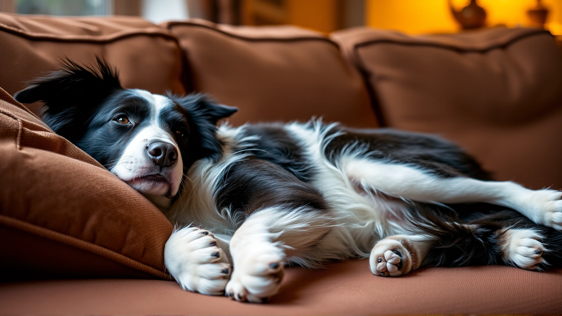Relaxed Border Collie lounging on a cozy sofa at home, warm ambient light, conveying calm and comfort