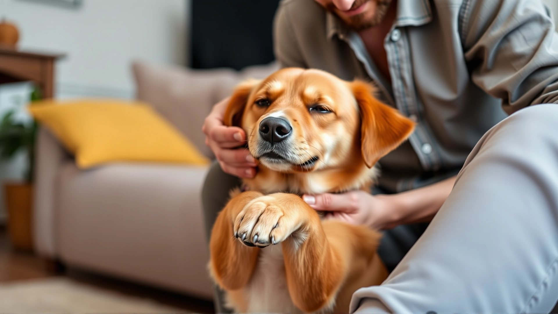 Owner gently touching a relaxed dog's paws and ears at home while rewarding with treats; cozy living room background to illustrate desensitization training.
