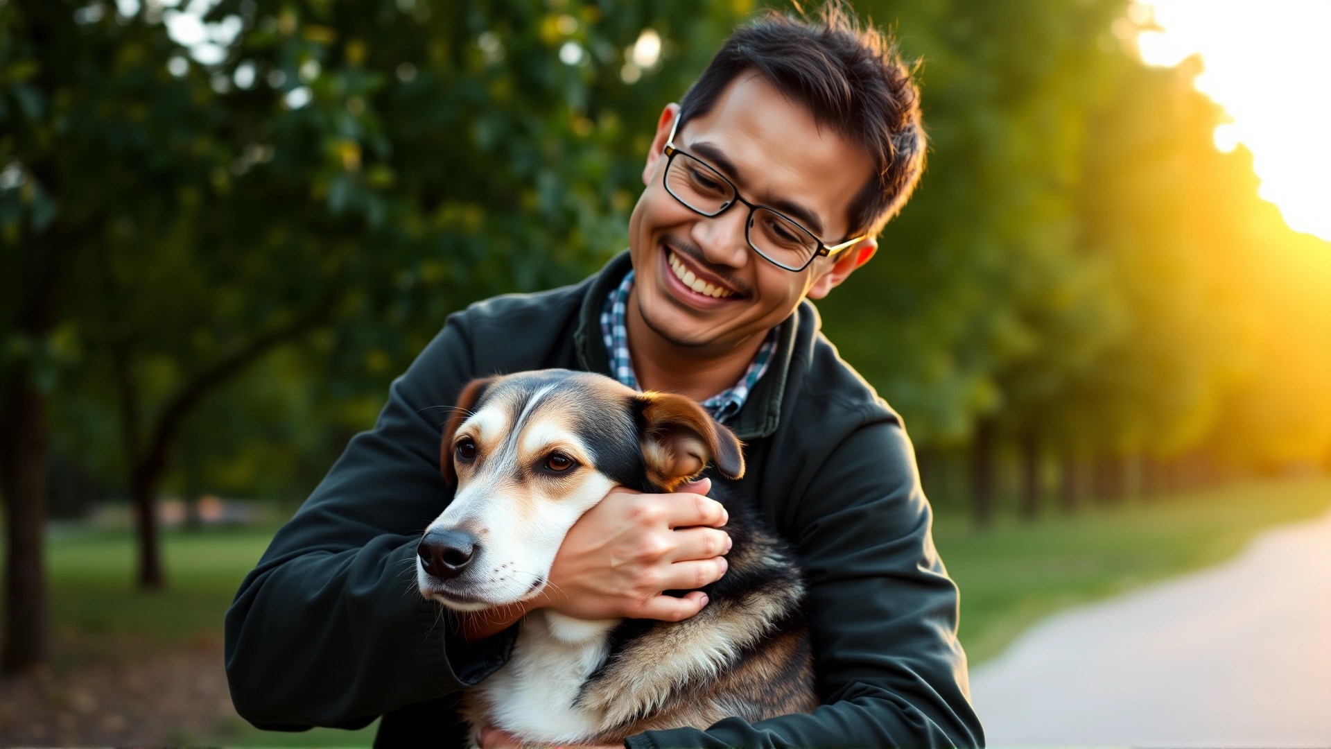 Owner gently hugging a calm dog in a park during golden hour, green foliage background, smiling faces, no text on image.
