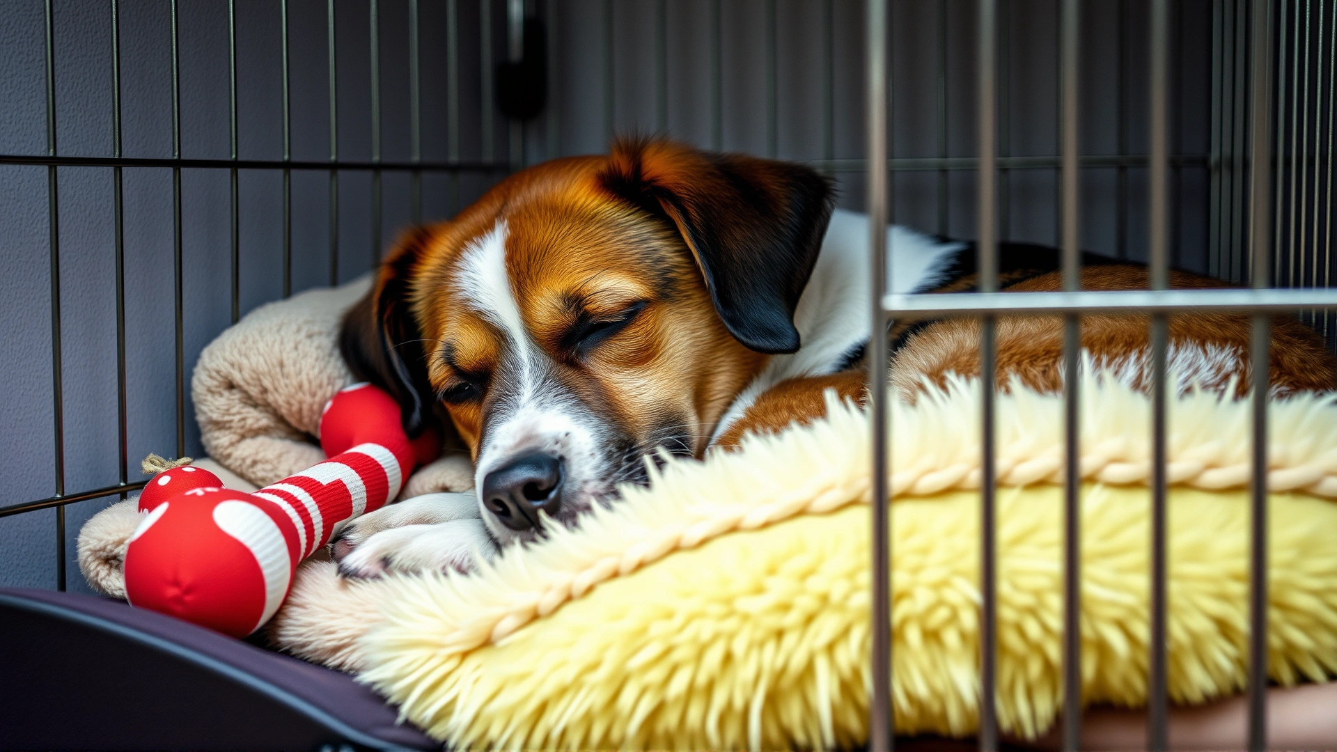 Medium shot of a dog resting calmly in a cozy indoor crate with soft bedding, a chew toy beside it; conveys exercise restriction period.