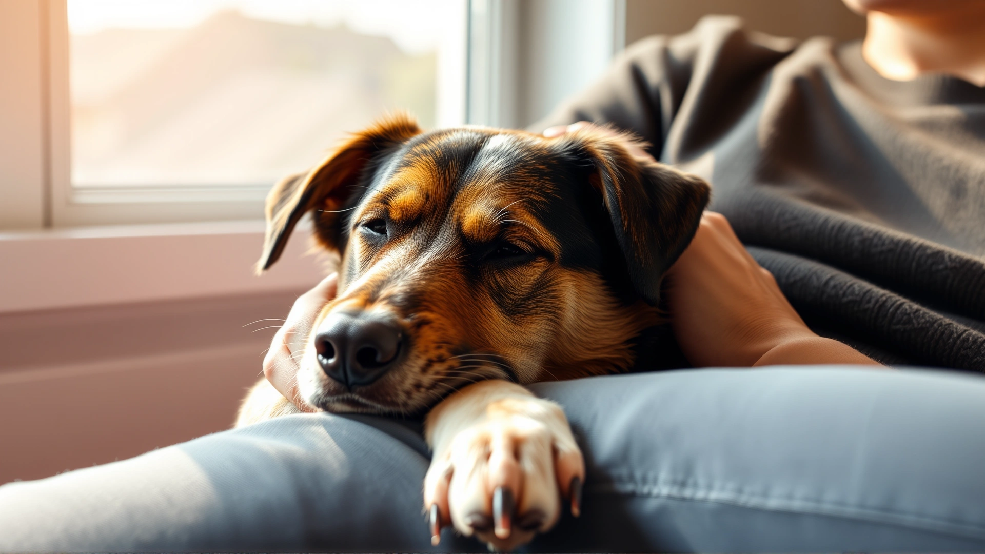 Medium shot of a calm mixed-breed dog resting its head on its owner's lap while the owner gently strokes the dog, morning natural light coming through a window. No text.