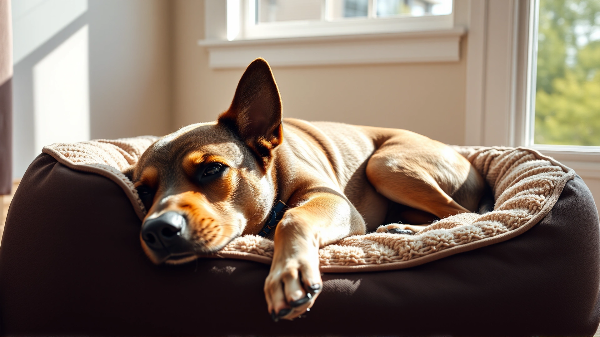 Content dog resting peacefully on a cozy dog bed in a sunlit room, symbolizing success after training