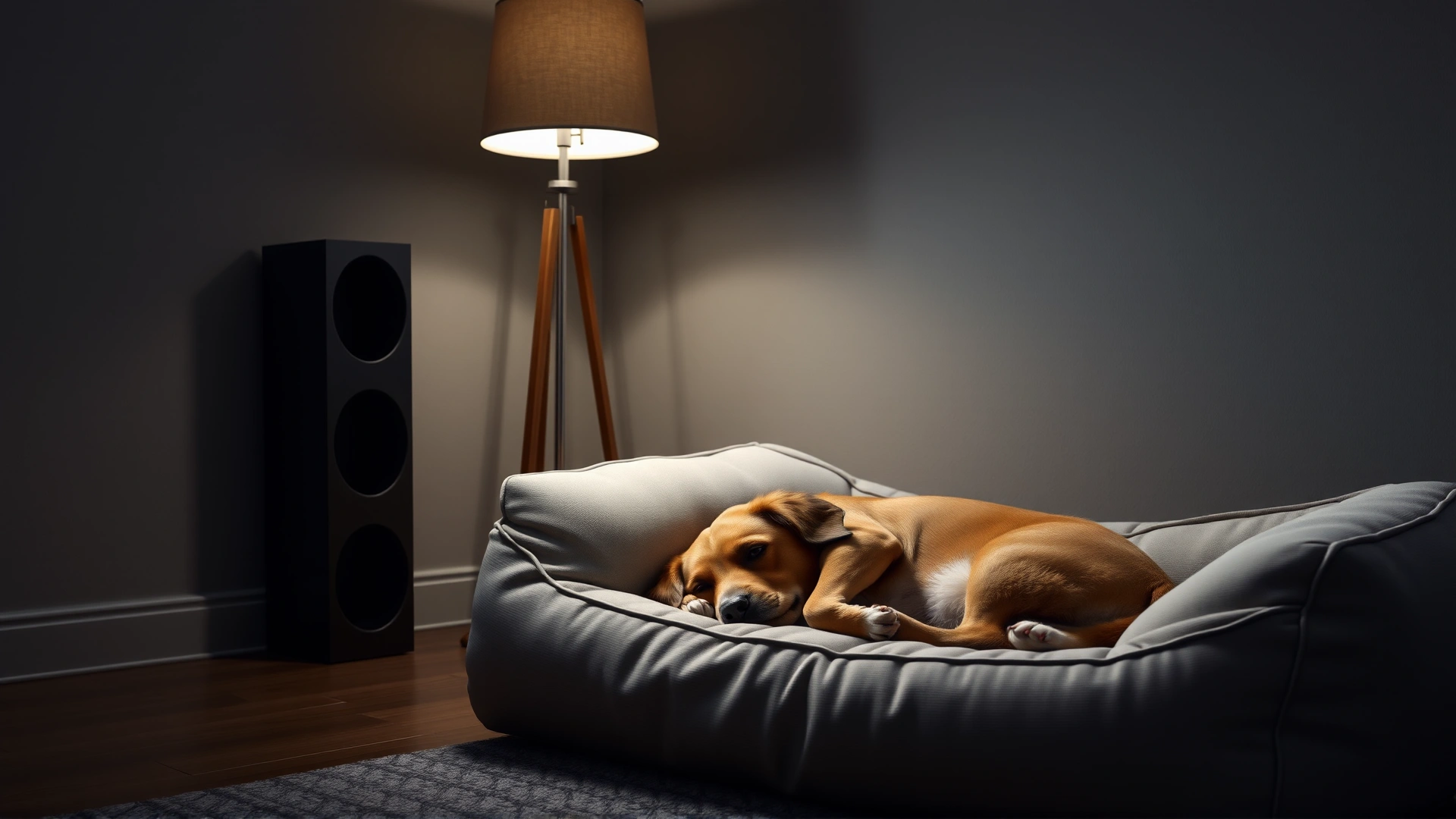 A calm living room corner with a comfortable dog bed, dim lamp light, and a relaxed dog lying peacefully, representing a safe space.