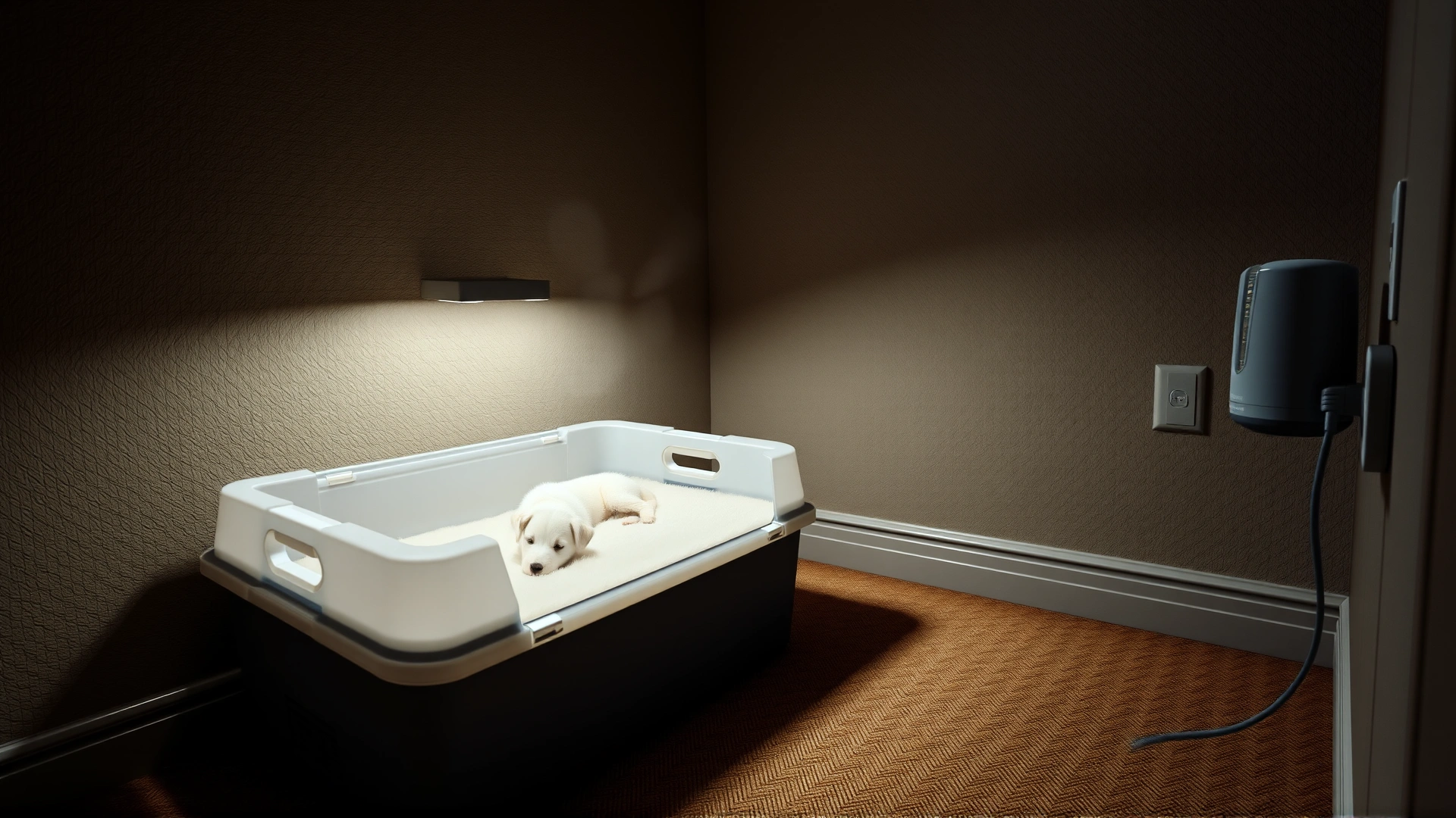 A dimly lit quiet room featuring a whelping box with soft bedding and a pheromone diffuser plugged into the wall.
