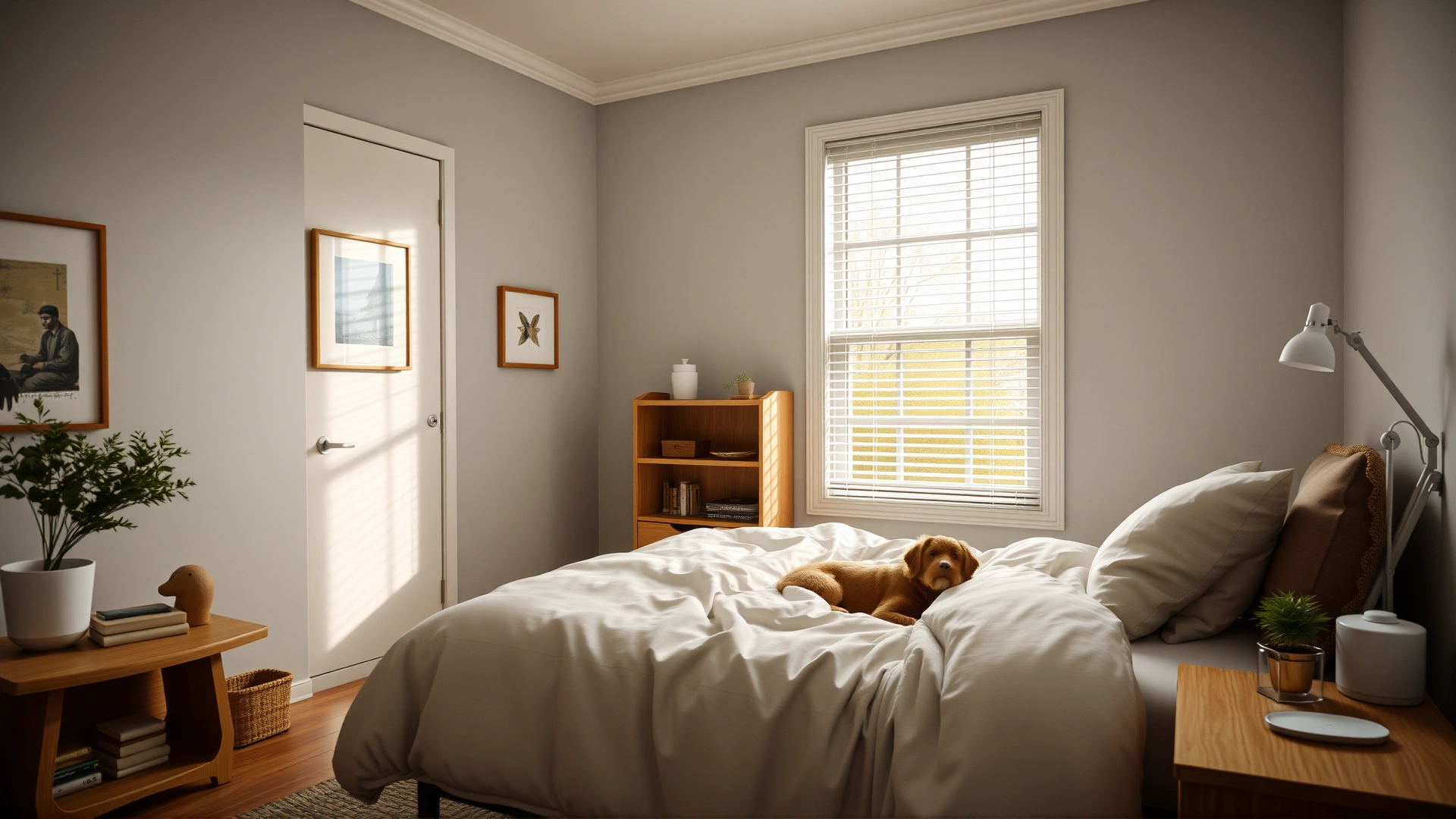 Quiet bedroom with dog bed near window, soft decor, representing ideal sleep environment.