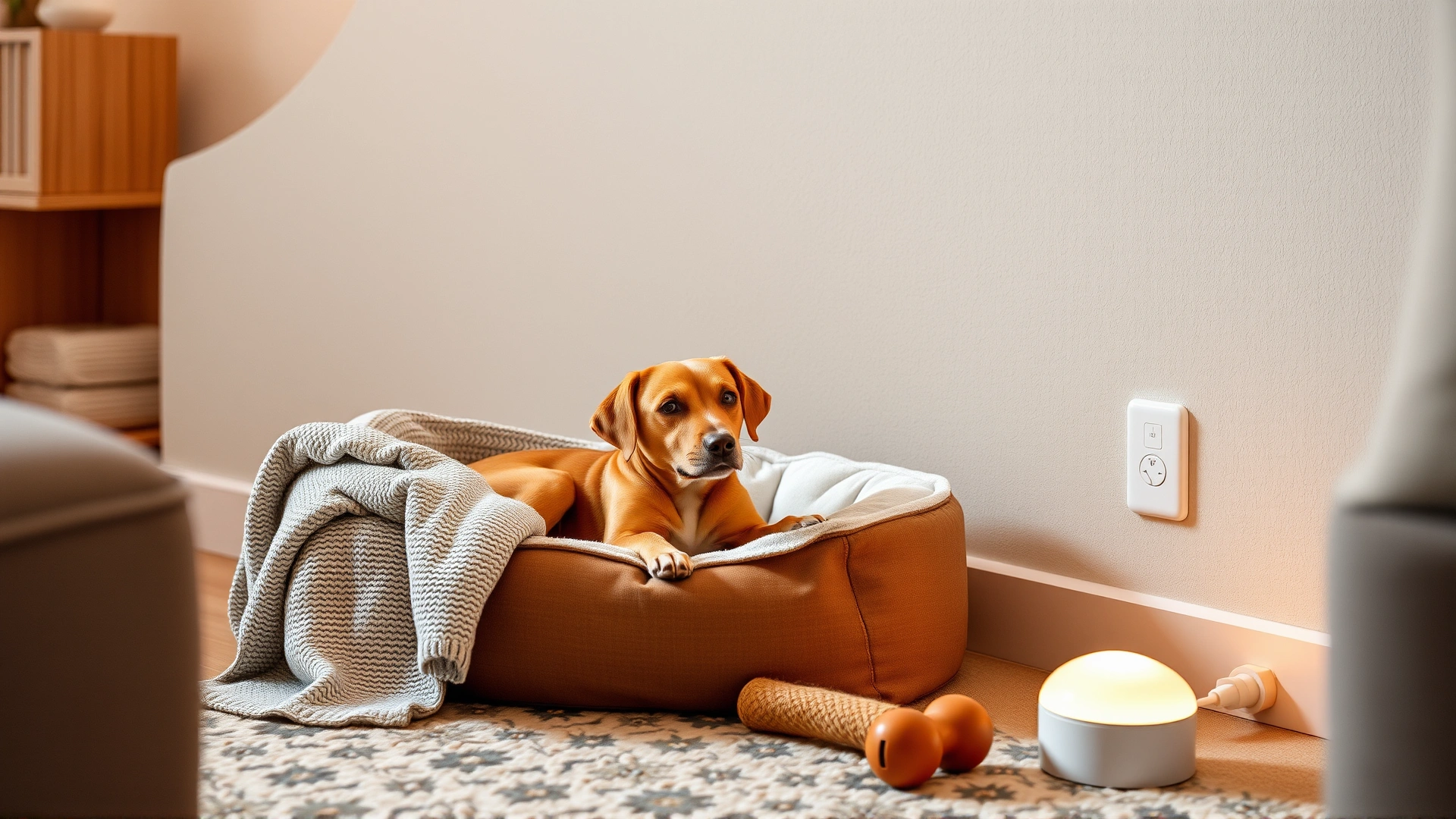 Cozy corner in a living room with a dog bed, a soft blanket, a chew toy, and a plug-in pheromone diffuser glowing softly.