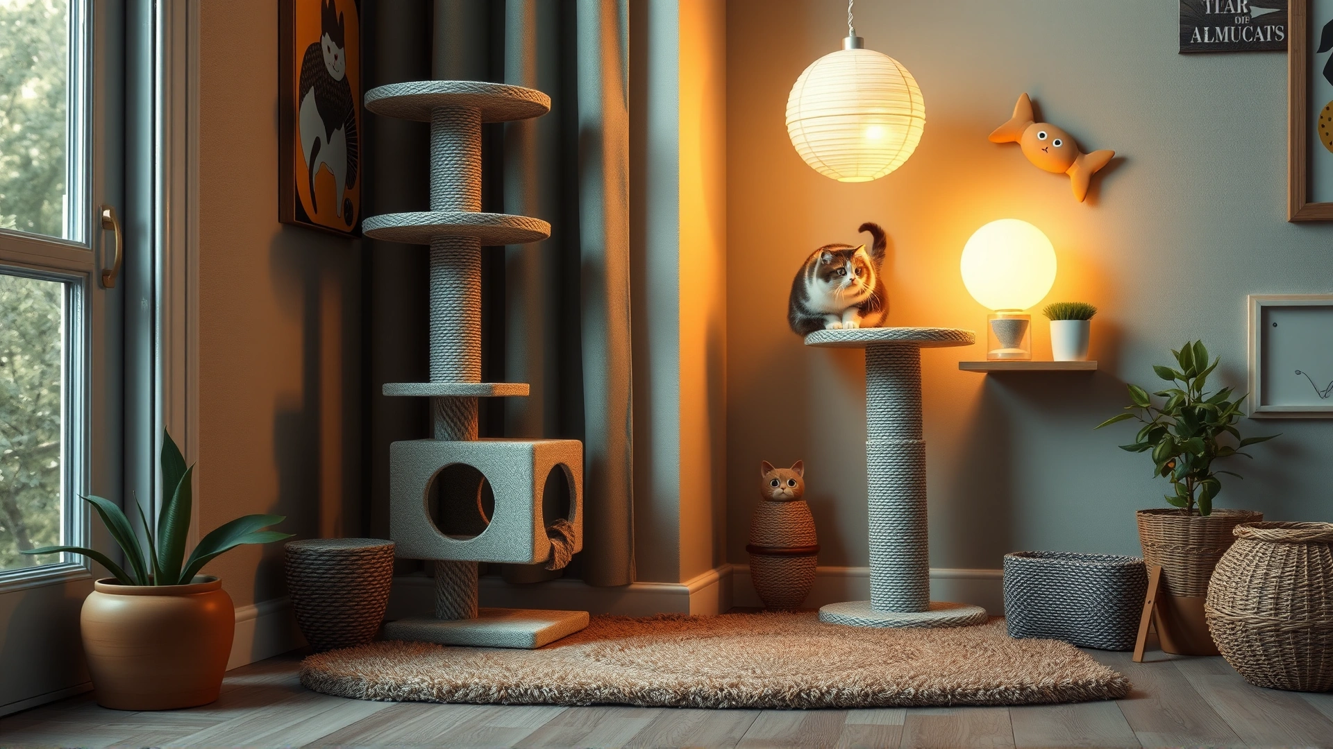 Cozy indoor cat corner featuring a cat tree, scratching post, and soft lighting, promoting a calm environment.