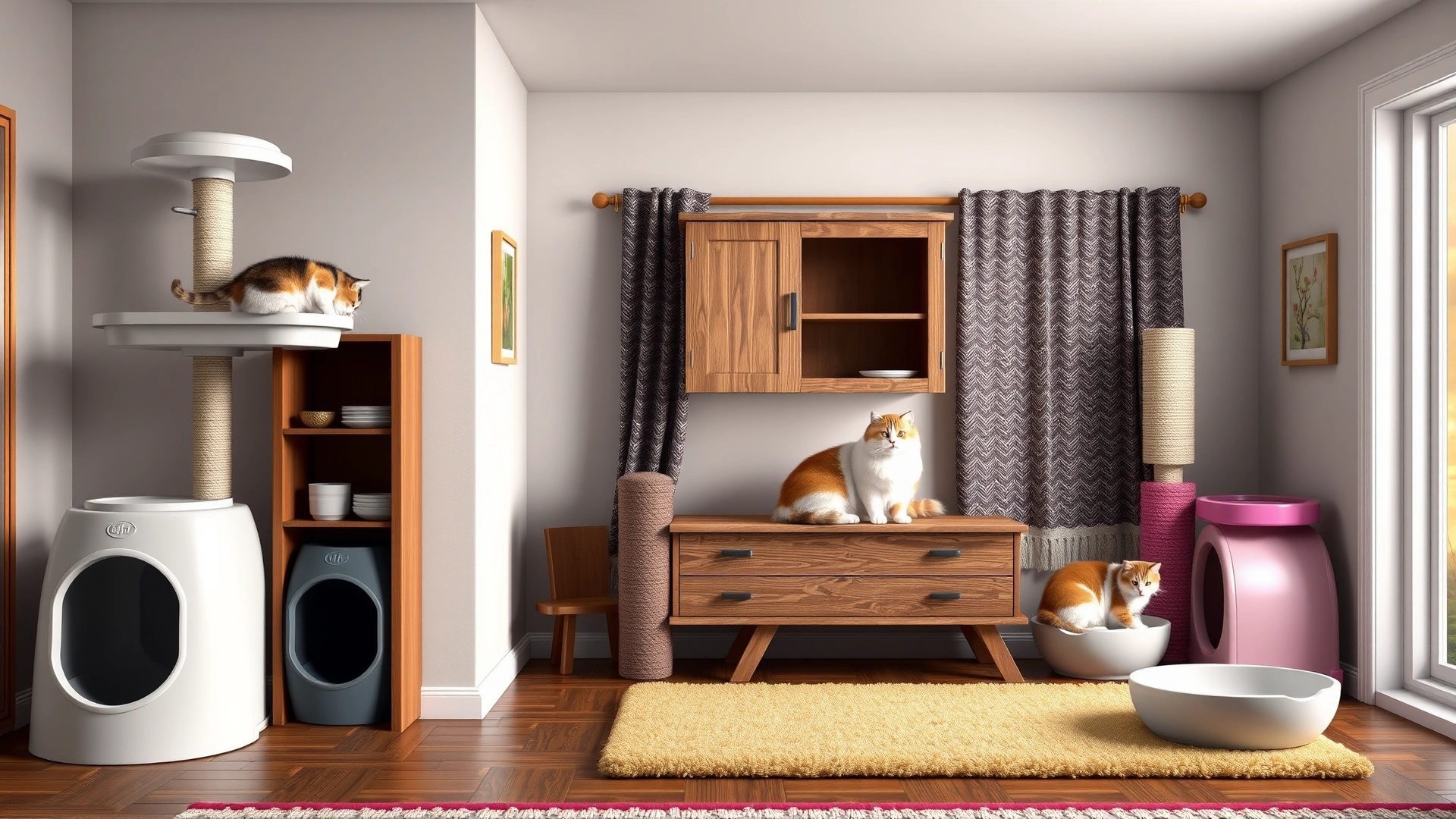 Cozy living room showing multiple cat resources—separate food bowls, litter boxes, scratching posts—with two cats resting peacefully