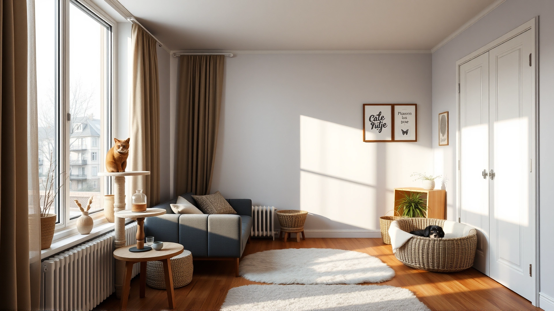 Peaceful living room setup with soft lighting, cat tree by the window, and a dog bed in the corner, no people, tidy, Scandinavian décor