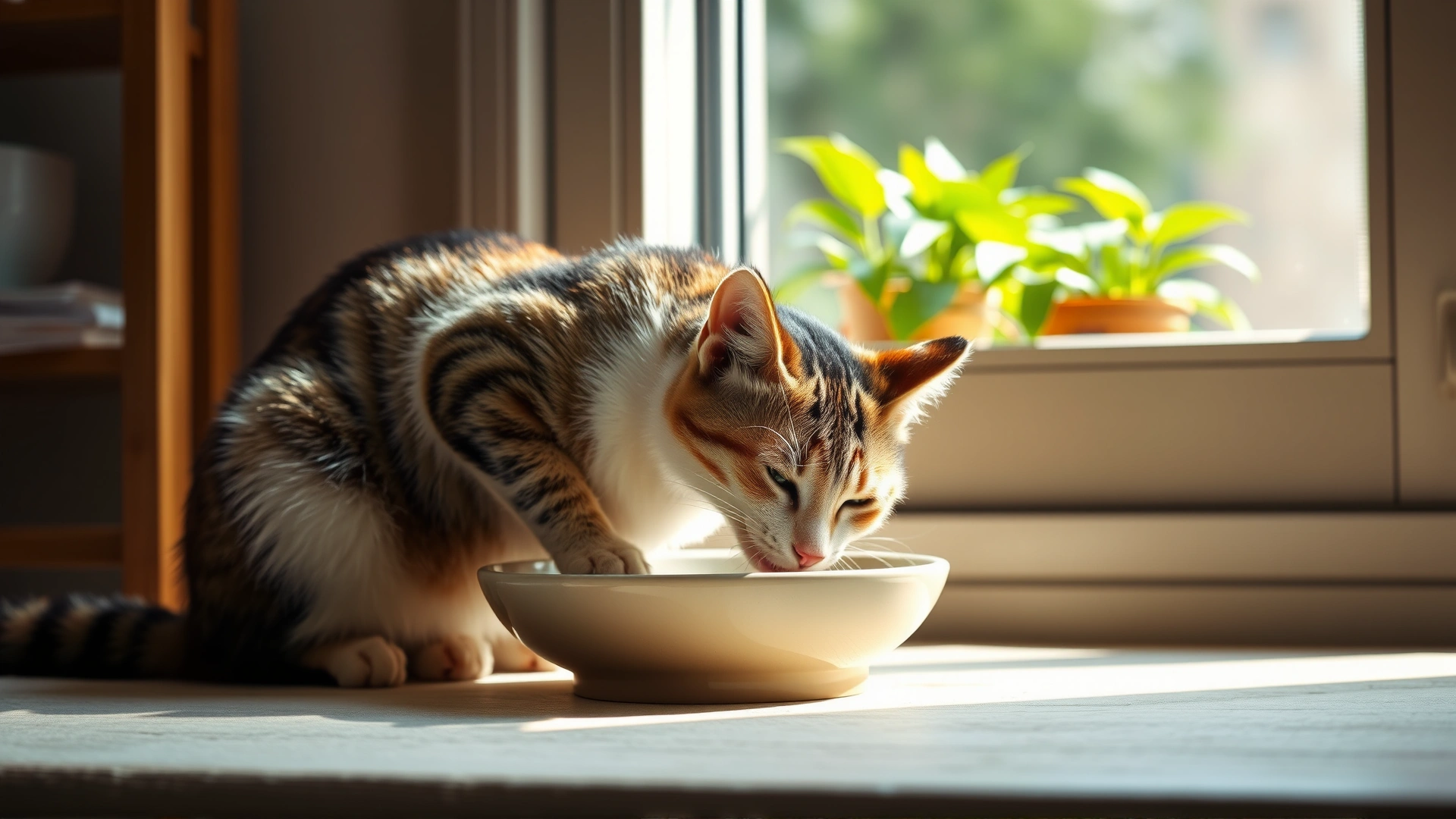 Cat eating peacefully from an elevated ceramic bowl placed near a sunlit window with plants, tidy quiet room.