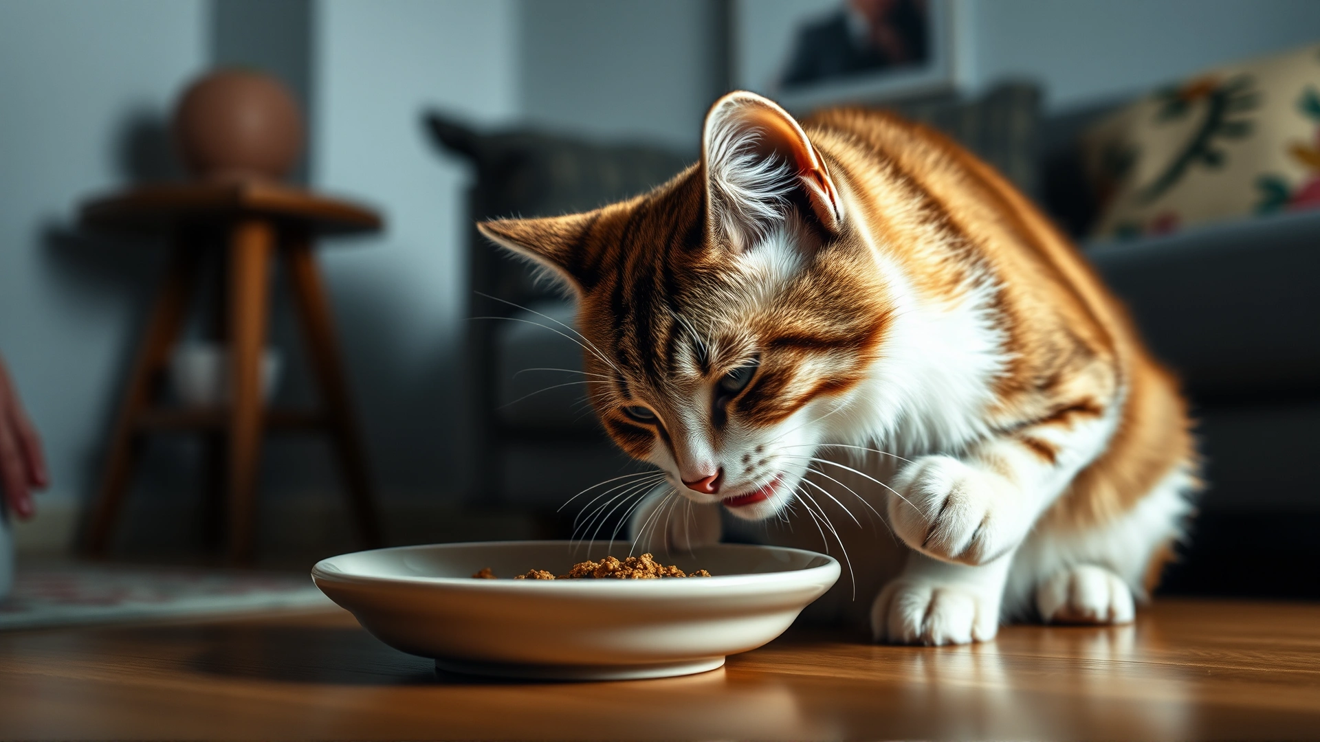 Cat eating peacefully from a shallow ceramic dish in a quiet, cozy corner of a living room, soft ambient lighting, horizontal orientation.