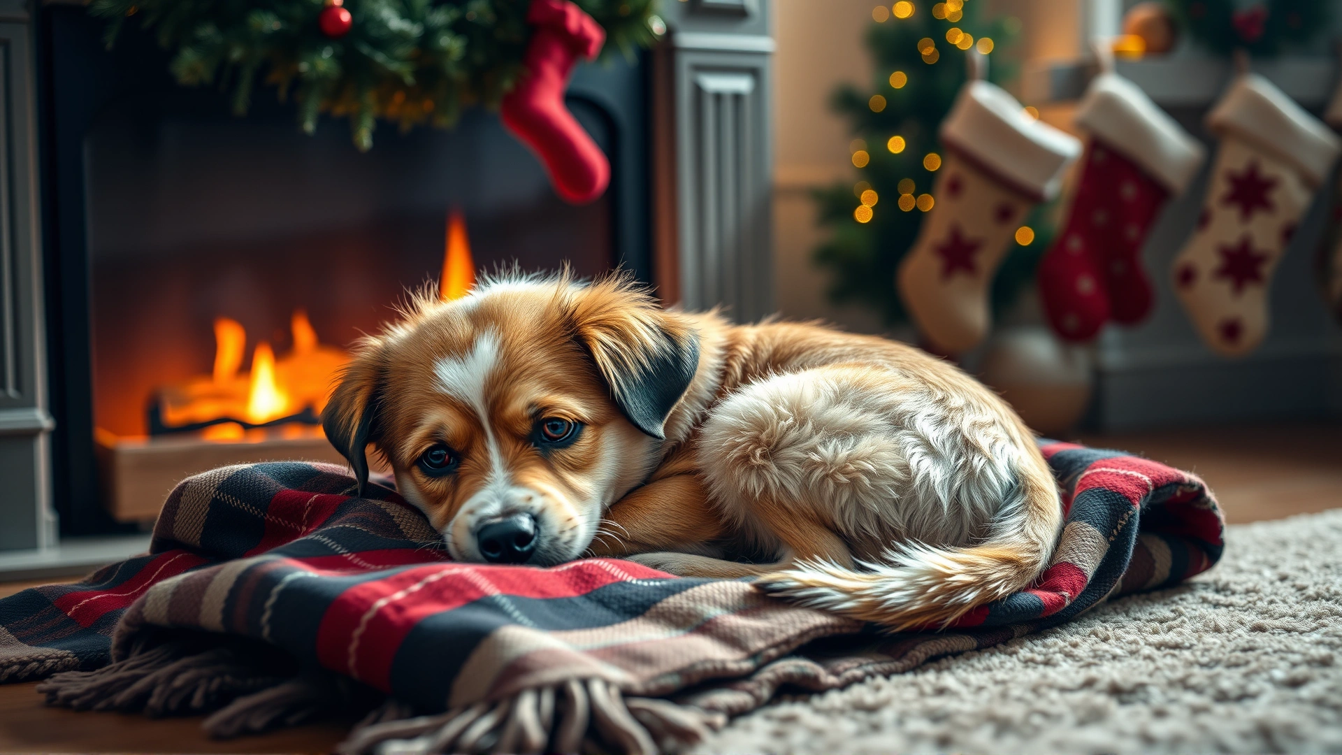 Small mixed-breed dog curled up on a plaid blanket beside a fireplace decorated with Christmas stockings, soft ambient light, homey atmosphere, no text