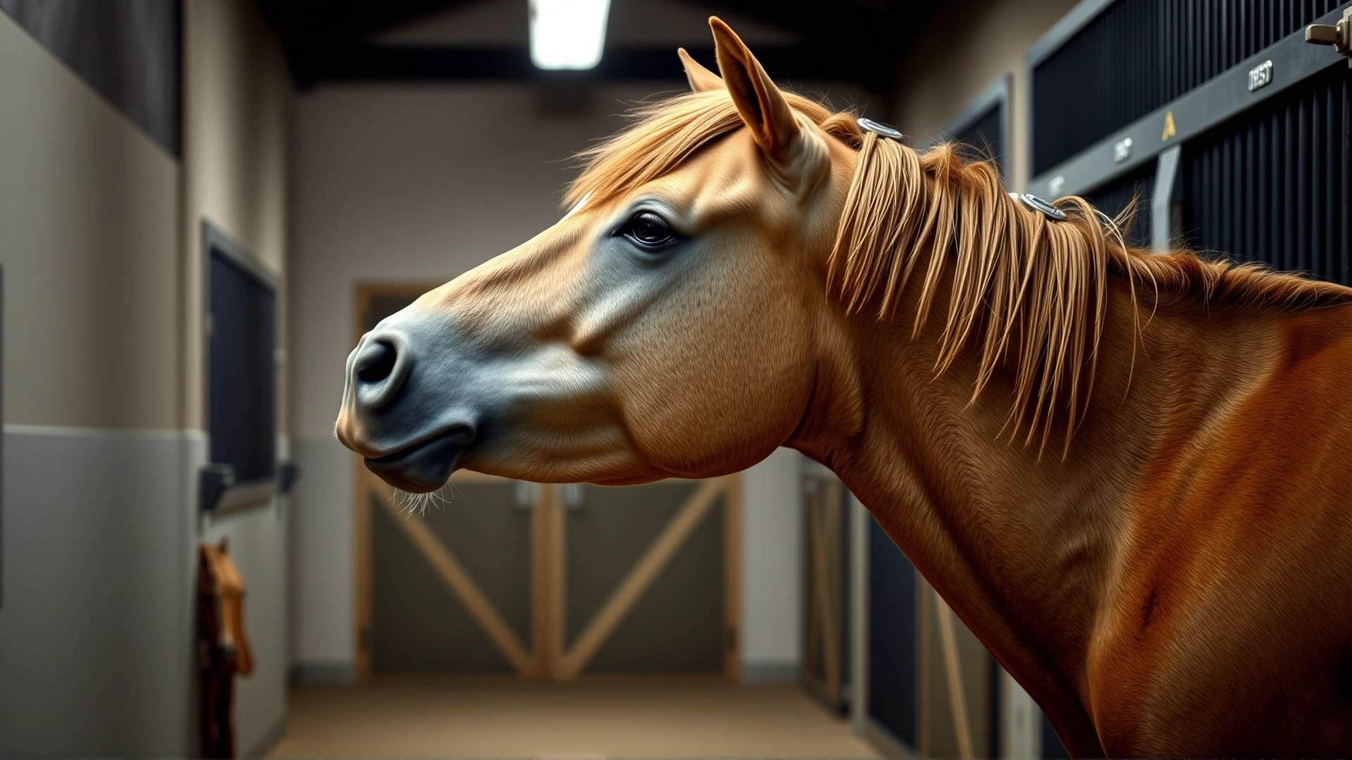 Side profile of a sedated but standing horse with a droopy lower lip, indicating calmness after mild sedation in a clean barn aisle.