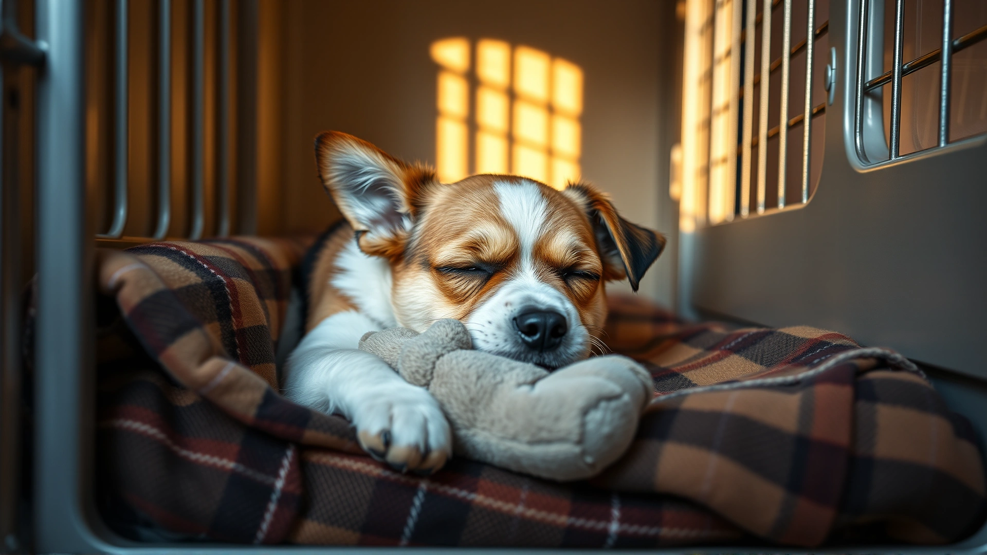 Small dog sleeping peacefully on a plaid blanket inside a clean kennel, holding a soft plush toy under warm light
