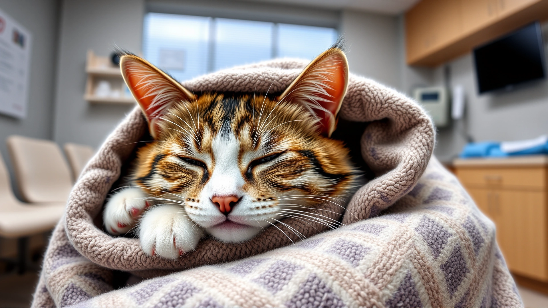 A relaxed cat being cuddled in its owner’s arms wrapped in a cozy blanket inside a veterinary waiting room, conveying calmness and trust.