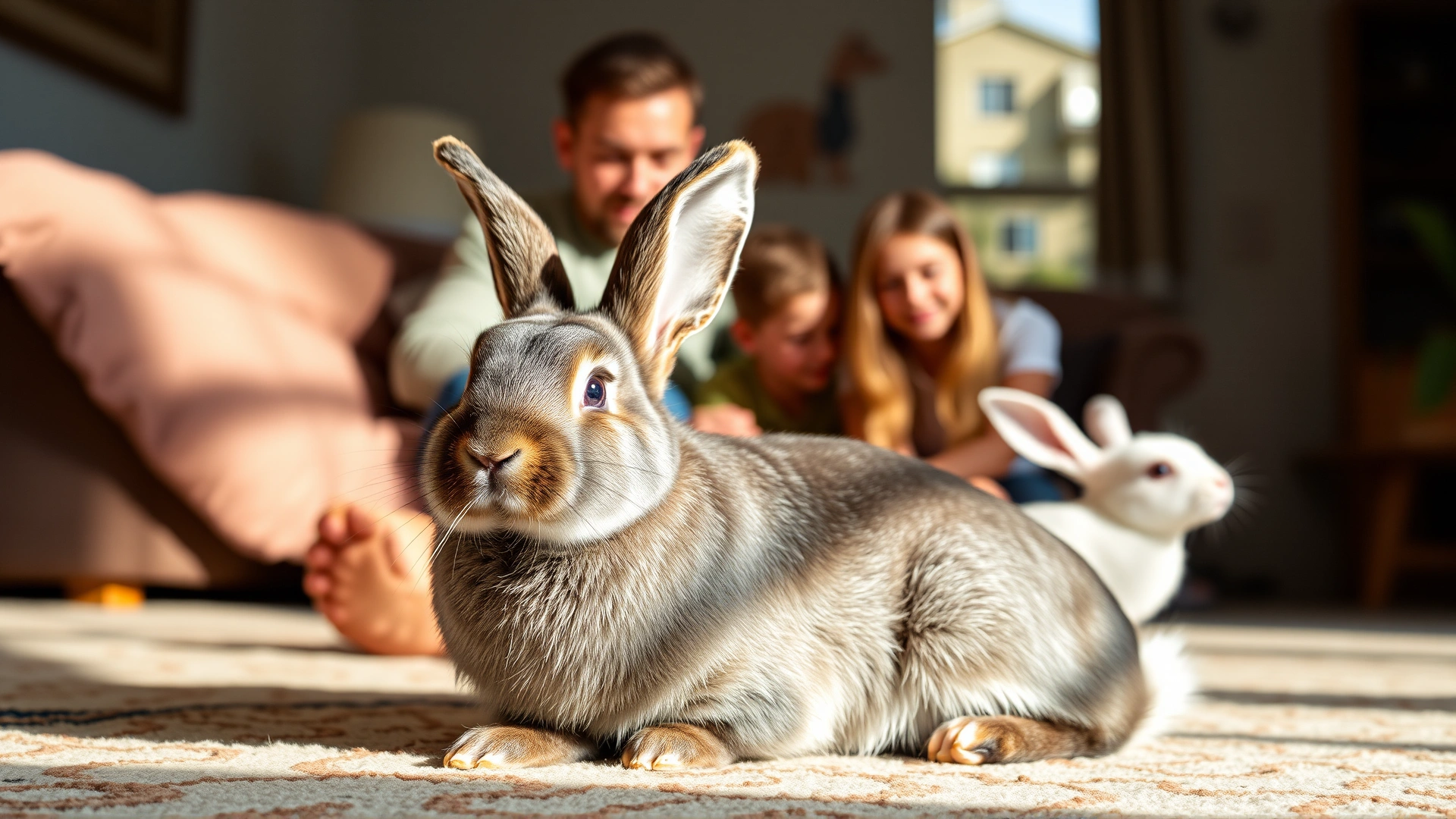 A relaxed spayed female rabbit peacefully sitting with a family in a cozy living room, natural light