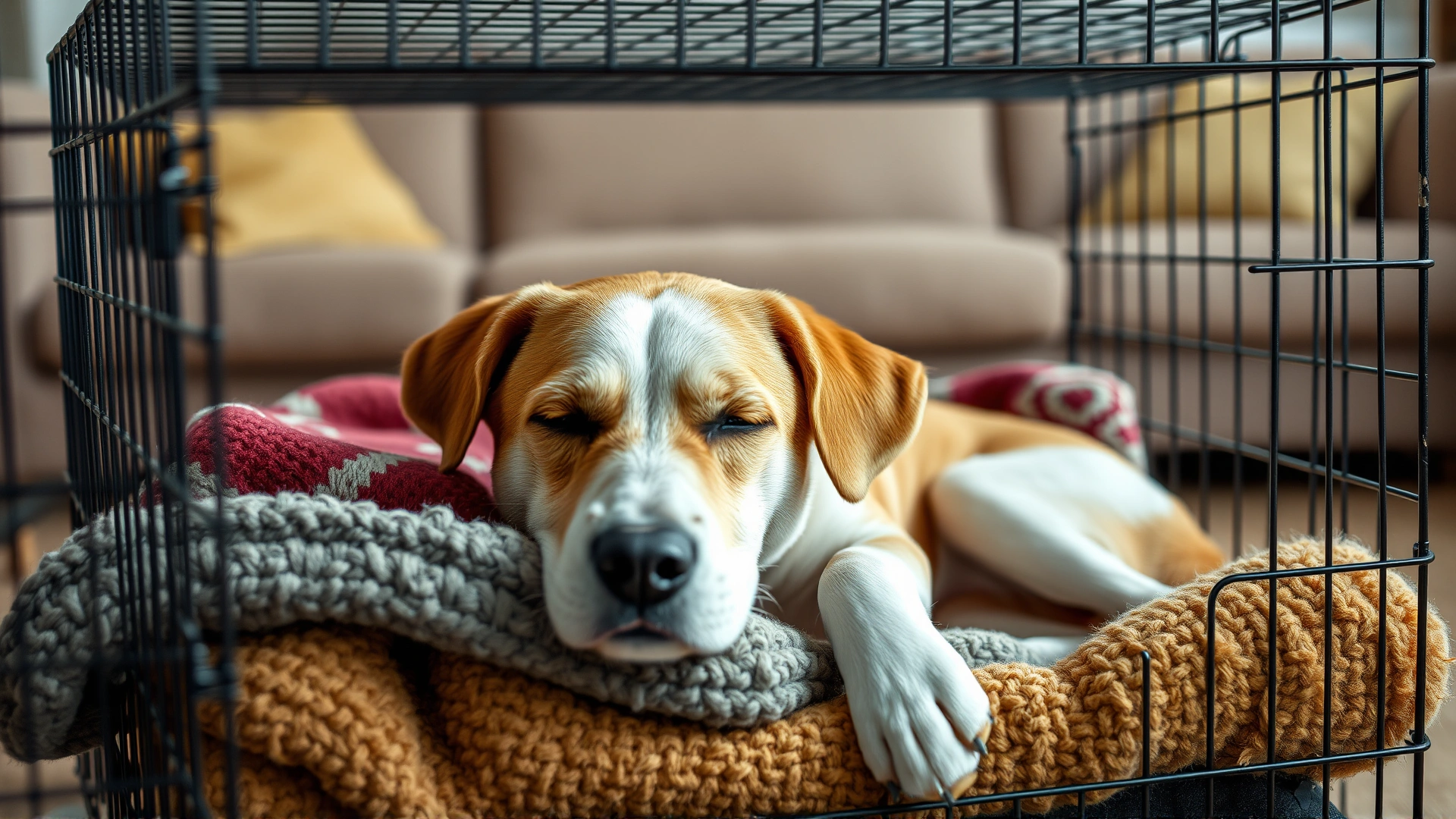 Medium shot of a dog peacefully resting in an open wire crate lined with cozy blankets, living room background slightly blurred.