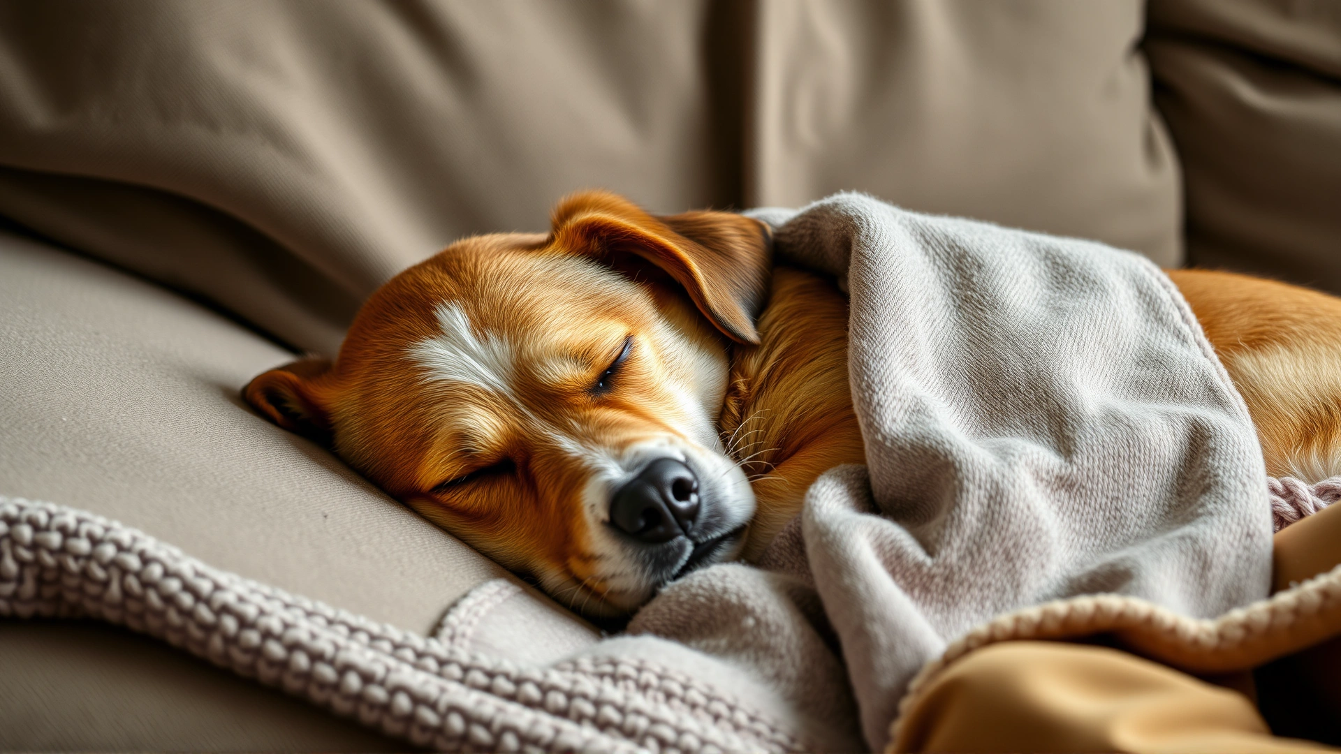 Dog sleeping peacefully beside owner's feet on sofa with soft blanket