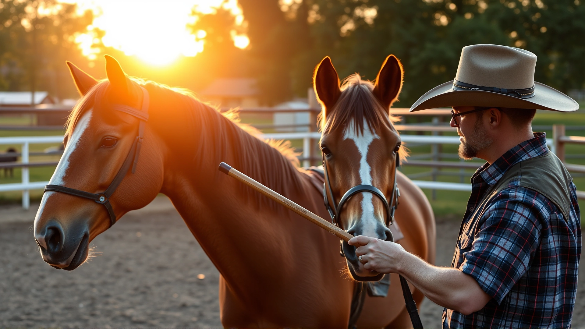 Trainer wearing a hat using a target stick to reward a relaxed sorrel horse in a round pen during sunset.