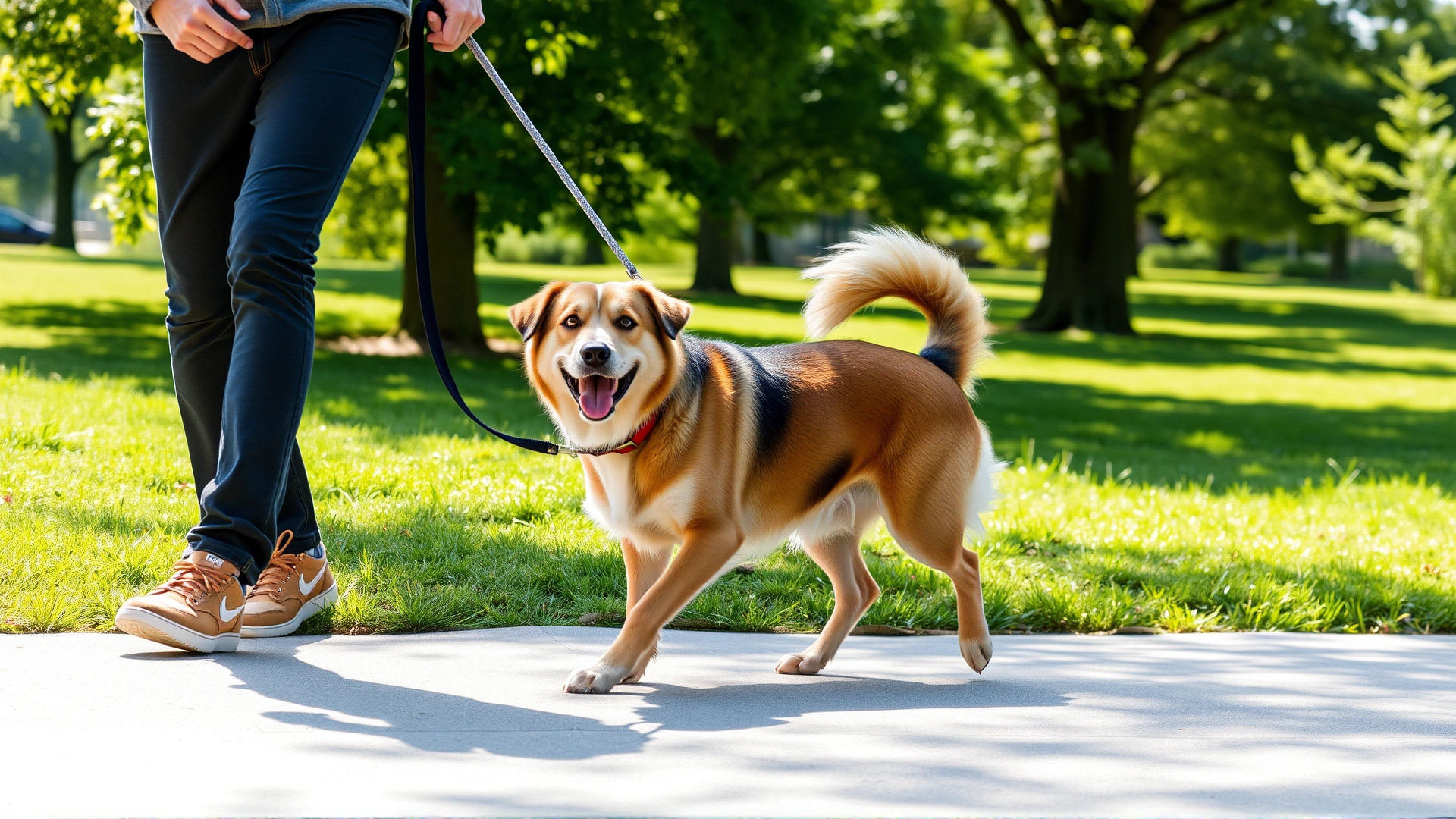 A happy dog walking calmly beside its owner with a loose leash in a sunny park, green grass and trees.