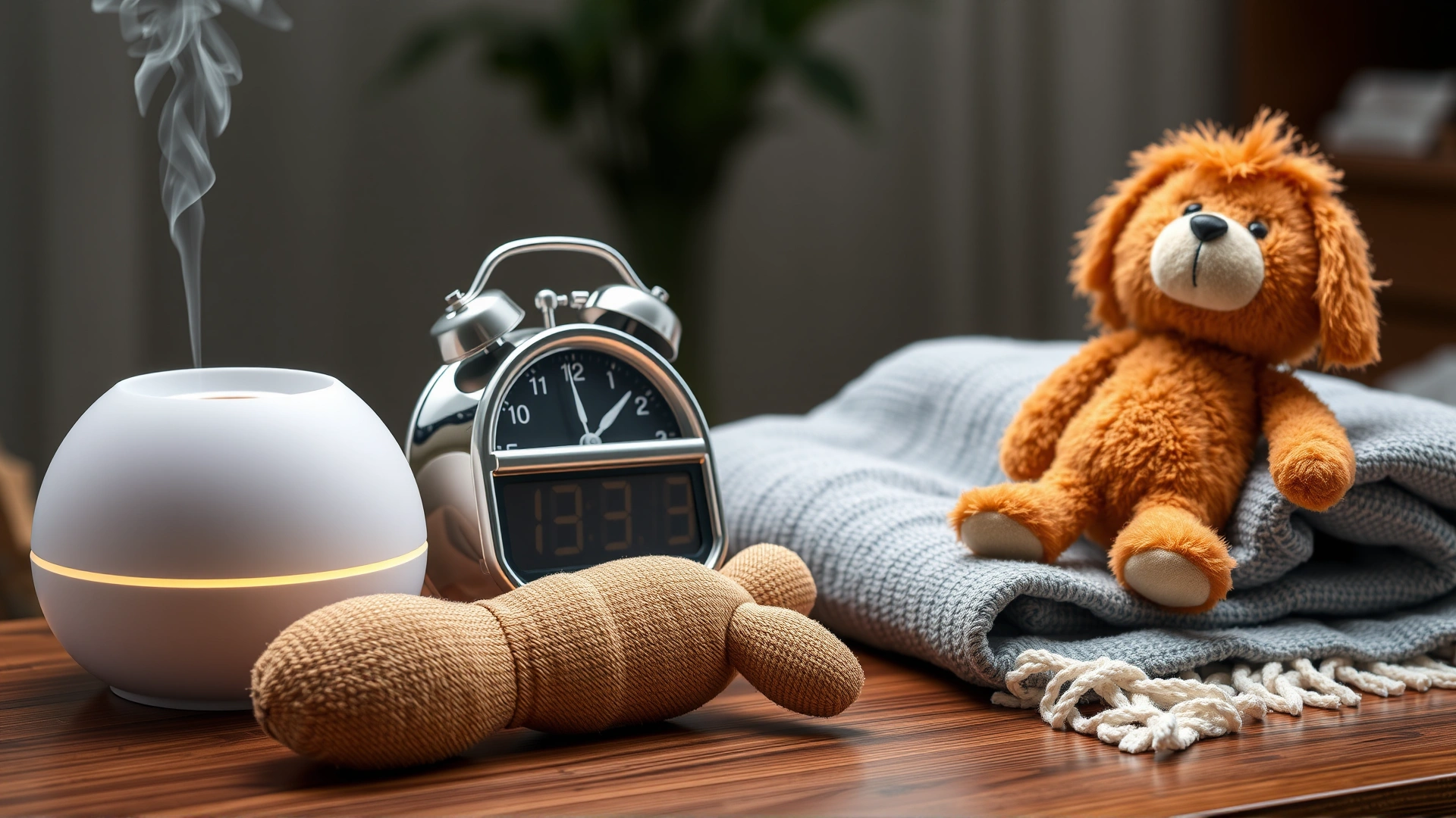 Collection of calming aids for dogs arranged on a table: pheromone diffuser, ticking clock, heat-emitting stuffed toy, and a folded blanket