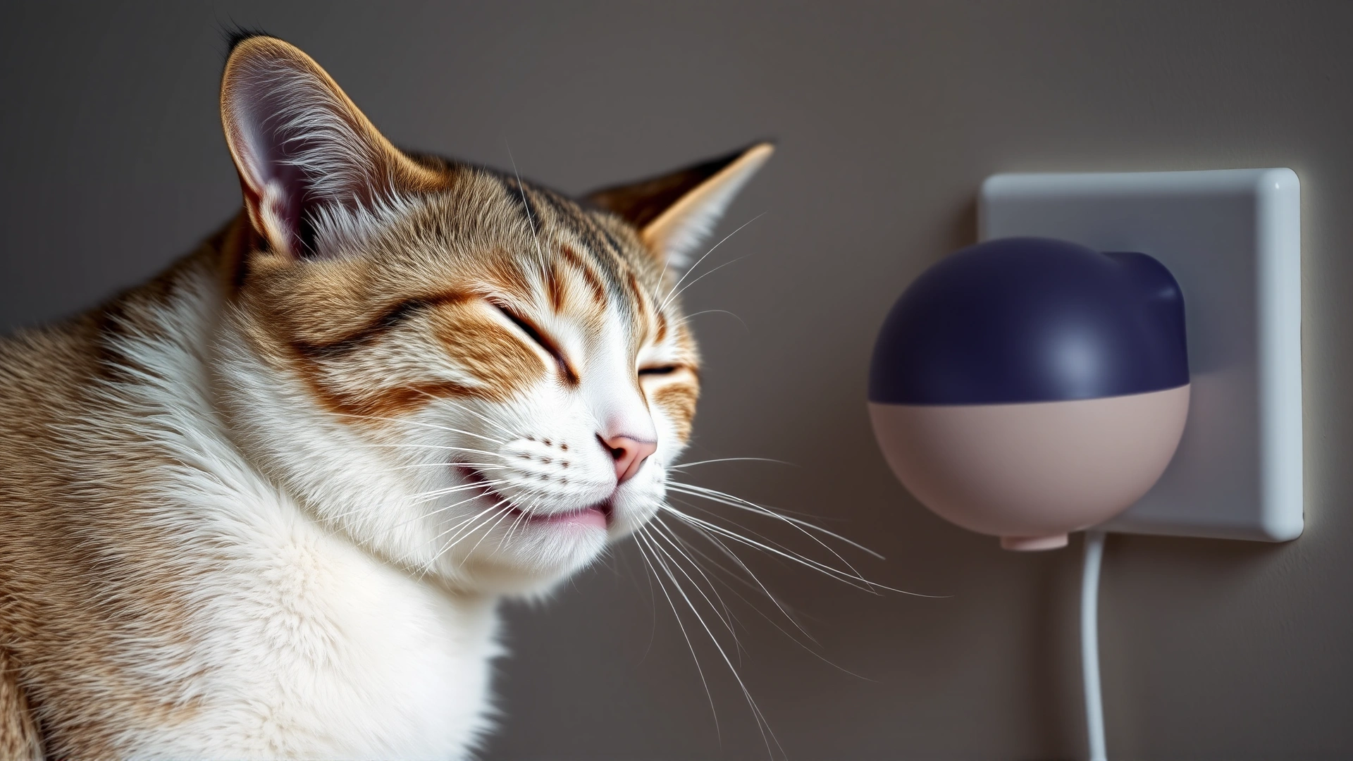 Calm cat rubbing face against a Feliway diffuser plugged into a wall