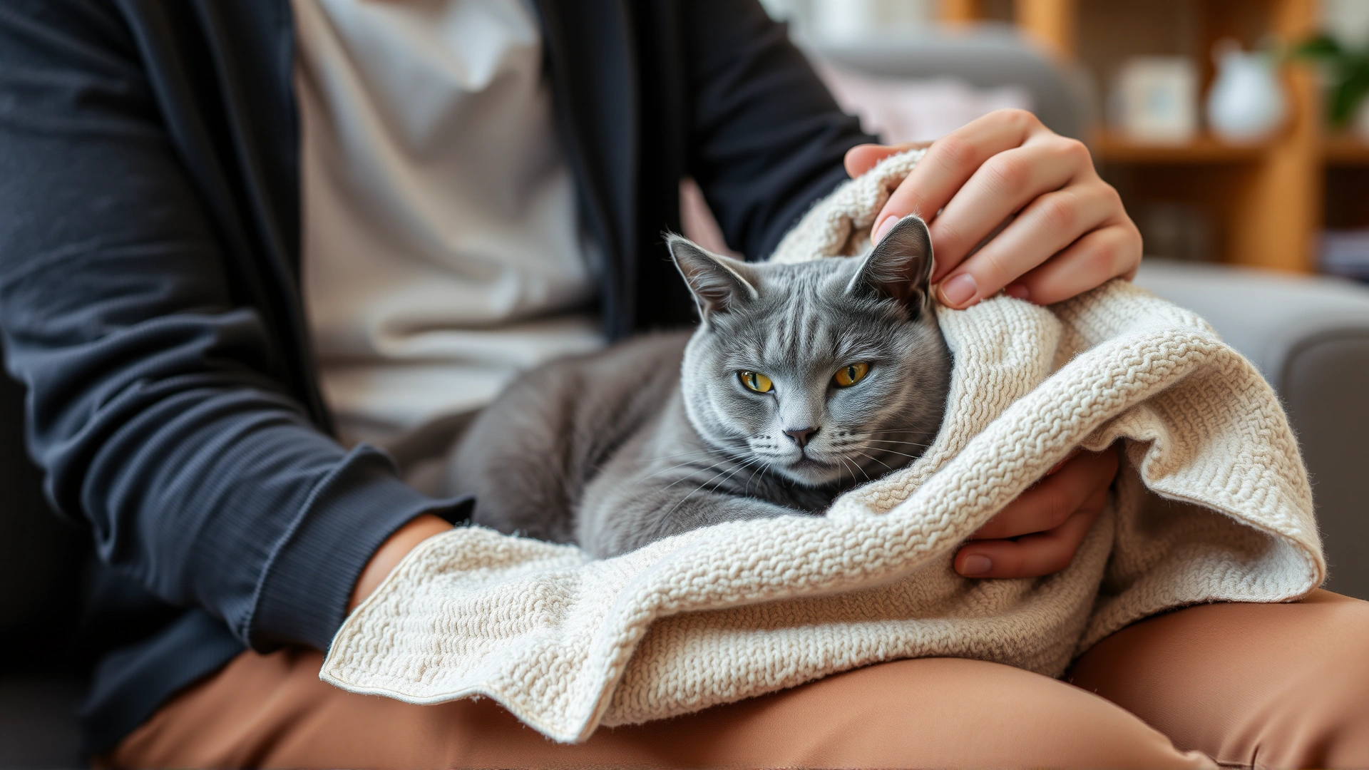 Cat owner gently wrapping a calm gray cat in a soft towel on their lap, living room setting, natural light