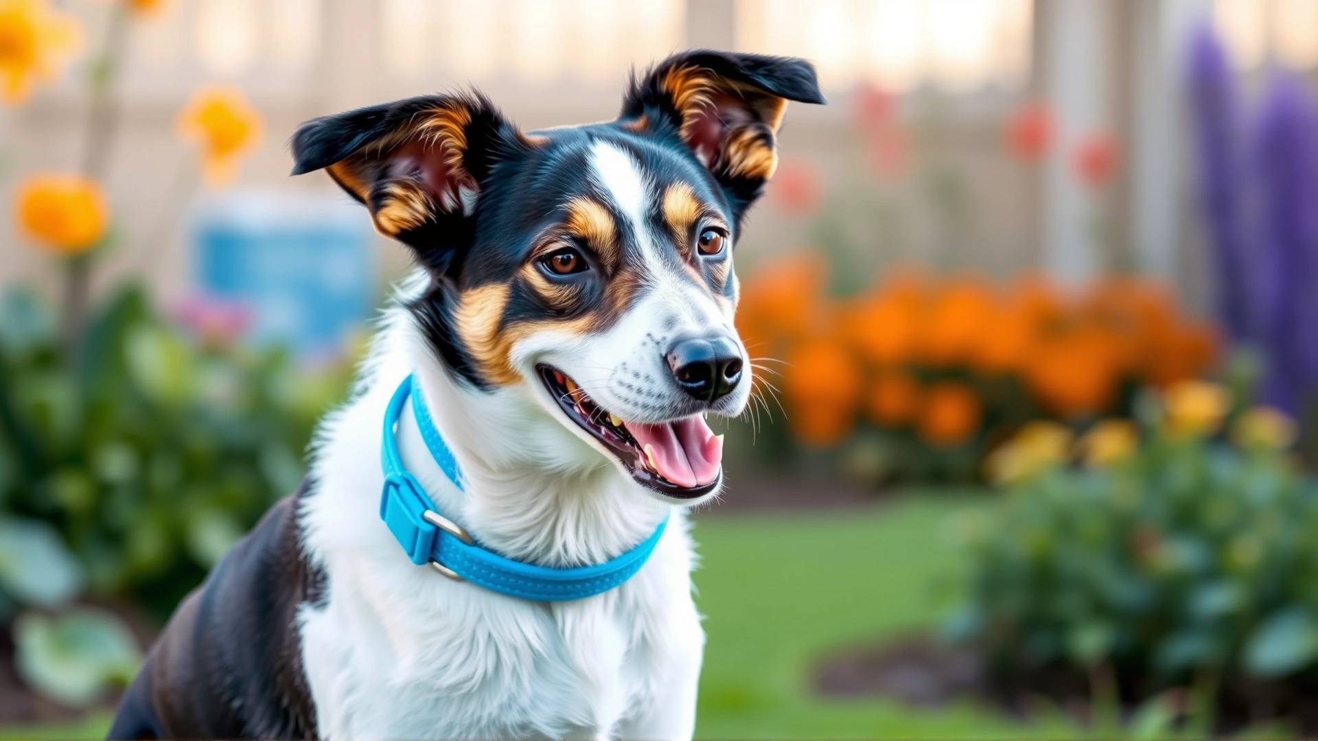 A happy mixed-breed dog wearing a blue pheromone calming collar while sitting calmly in a garden.