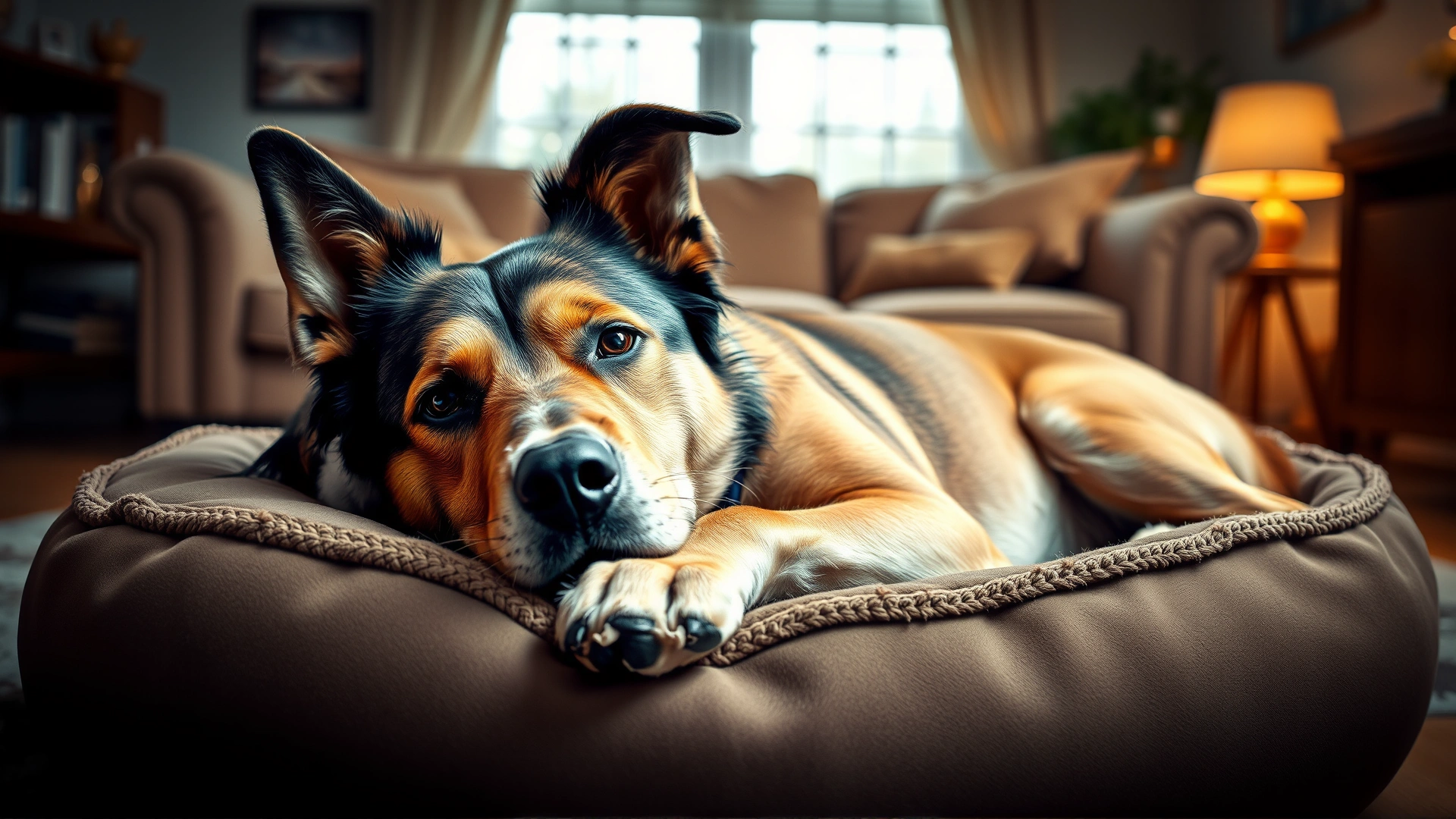 A relaxed dog lying comfortably on a plush dog bed in a cozy living room with warm ambient lighting, no text