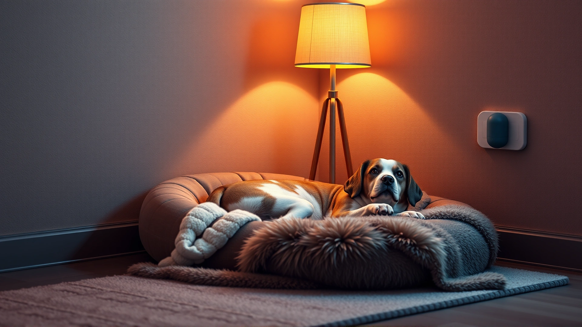 Cozy corner of a home with a dog bed, soft blanket, dimmed warm lamp, and a pheromone diffuser plugged into the wall, lifestyle shot, no text