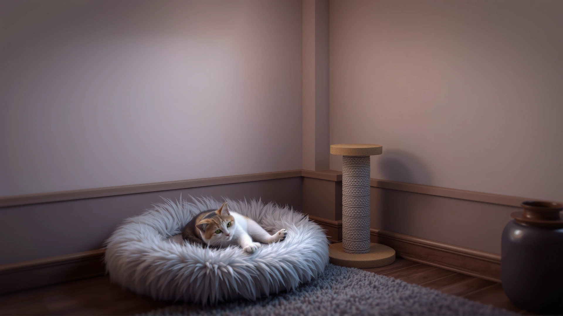 Cozy corner with a fluffy cat bed, scratching post, and soft ambient lighting, suggesting a tranquil environment for a cat.