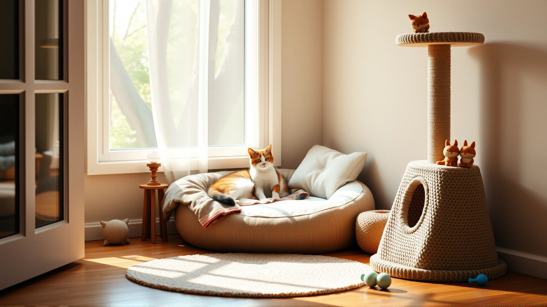 Cozy cat corner with a soft round bed, blankets, toys, and a vertical scratching post in warm natural light, illustrating a stress-free environment.