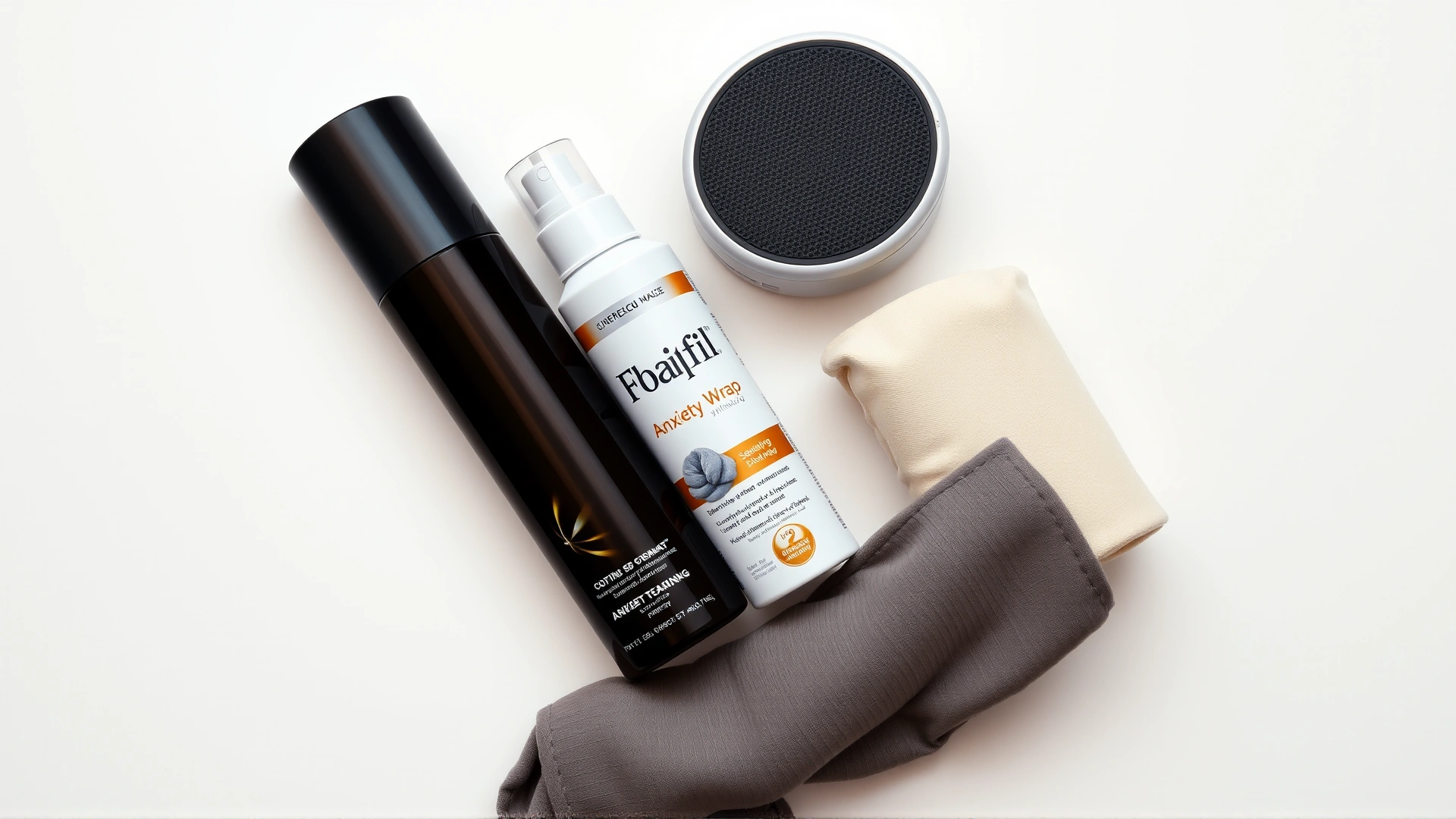 Flat lay on white background showing Adaptil diffuser, Feliway spray, soothing music speaker, and an anxiety wrap neatly arranged.