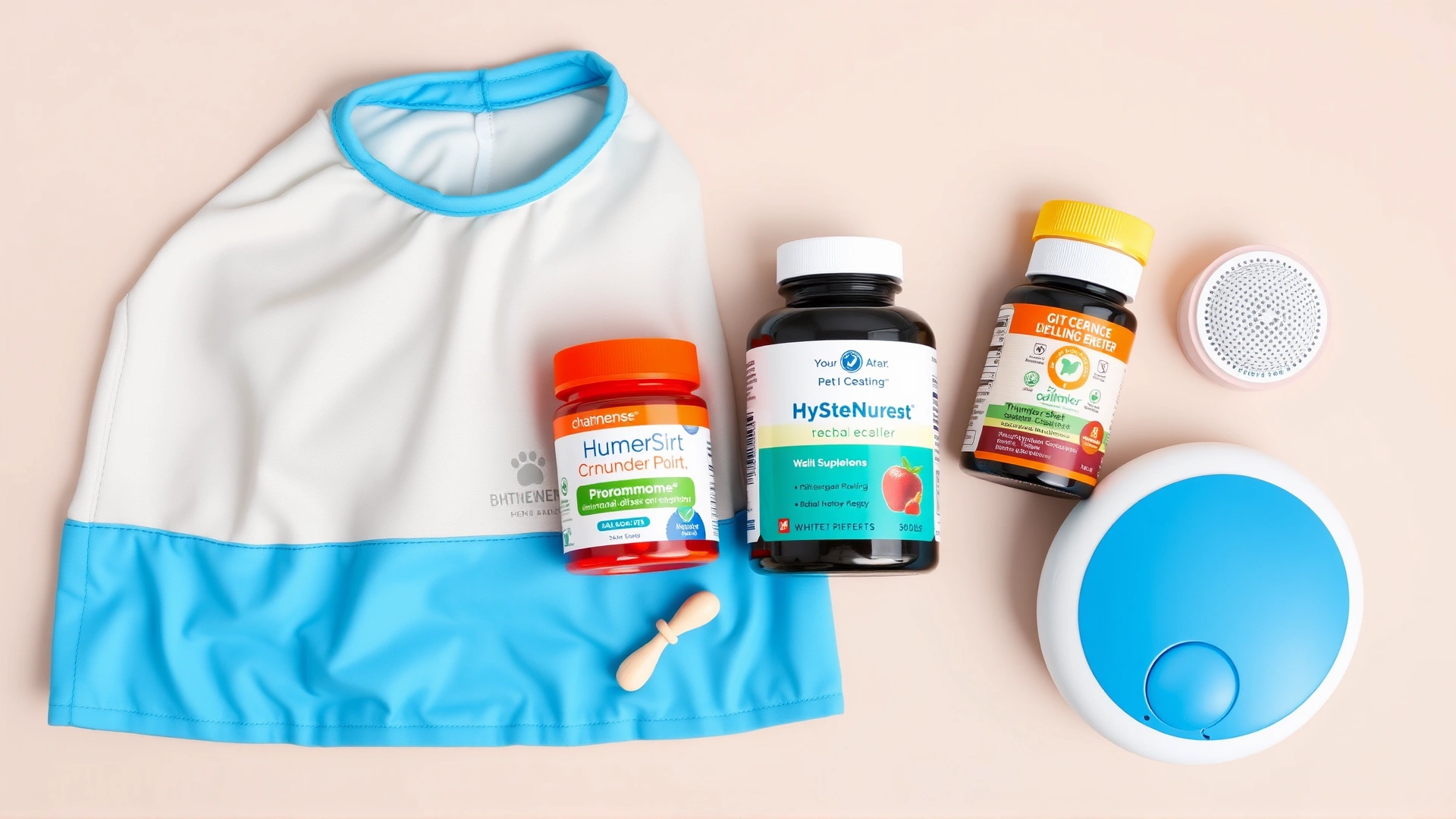 Flat lay of calming pet products including a ThunderShirt, pheromone diffuser, herbal supplements, and a white noise machine on a neutral background.