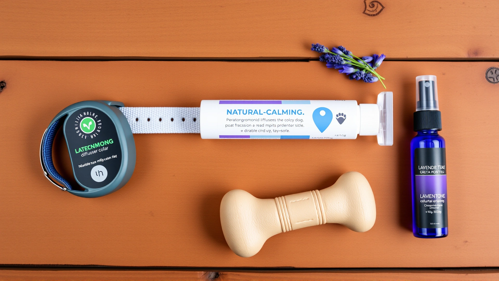 A flat lay of natural calming products for dogs, including a pheromone diffuser collar, lavender spray, and a durable chew toy placed on a wooden surface.