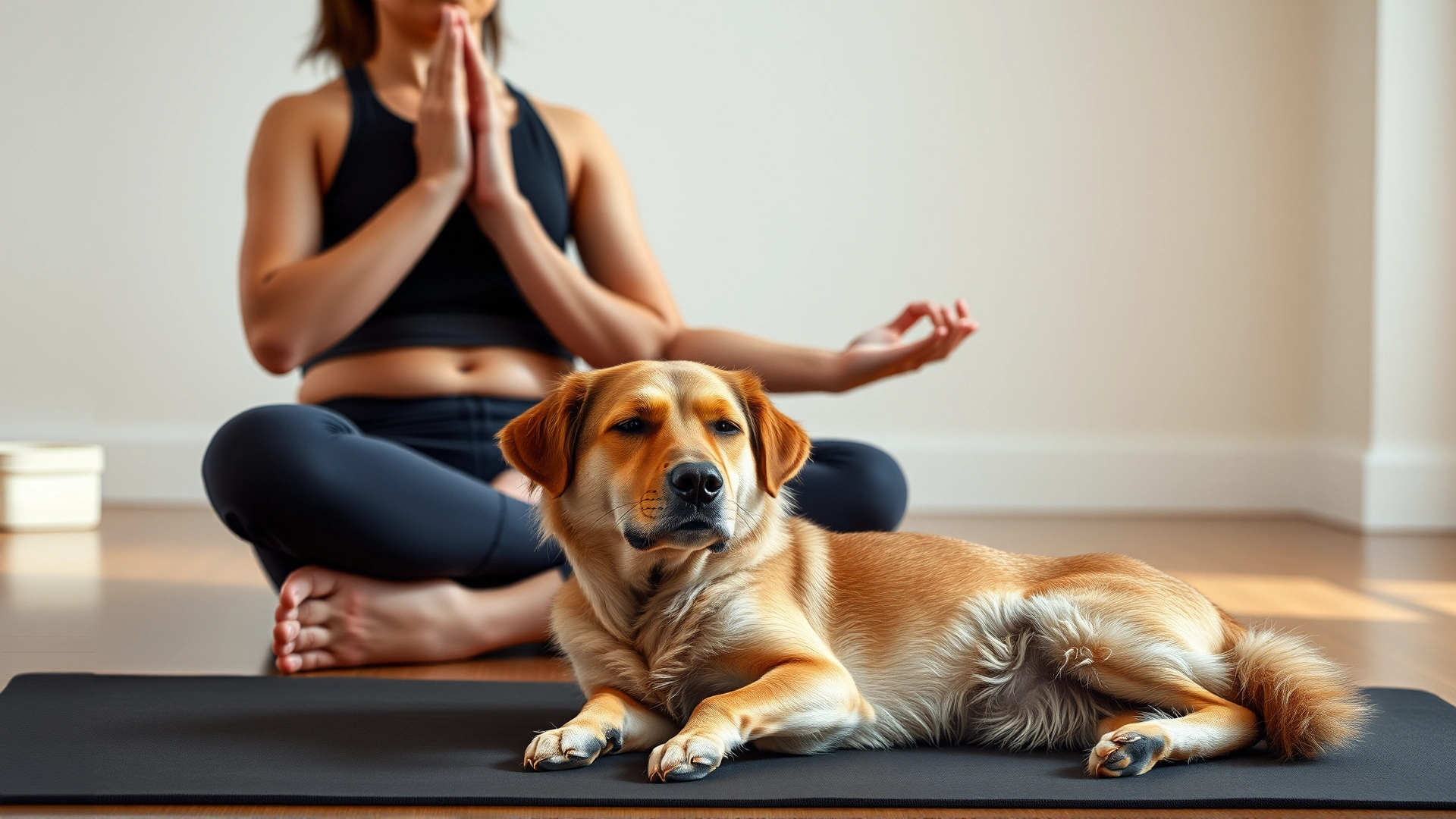 A person practicing deep breathing with eyes closed while a calm dog lies beside them on a yoga mat