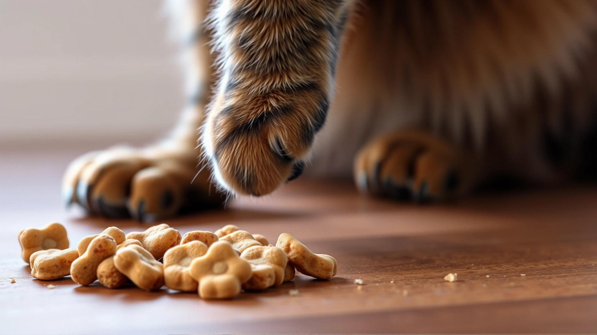 A small pile of natural calming cat treats on a wooden table with a blurred cat paw reaching toward them.