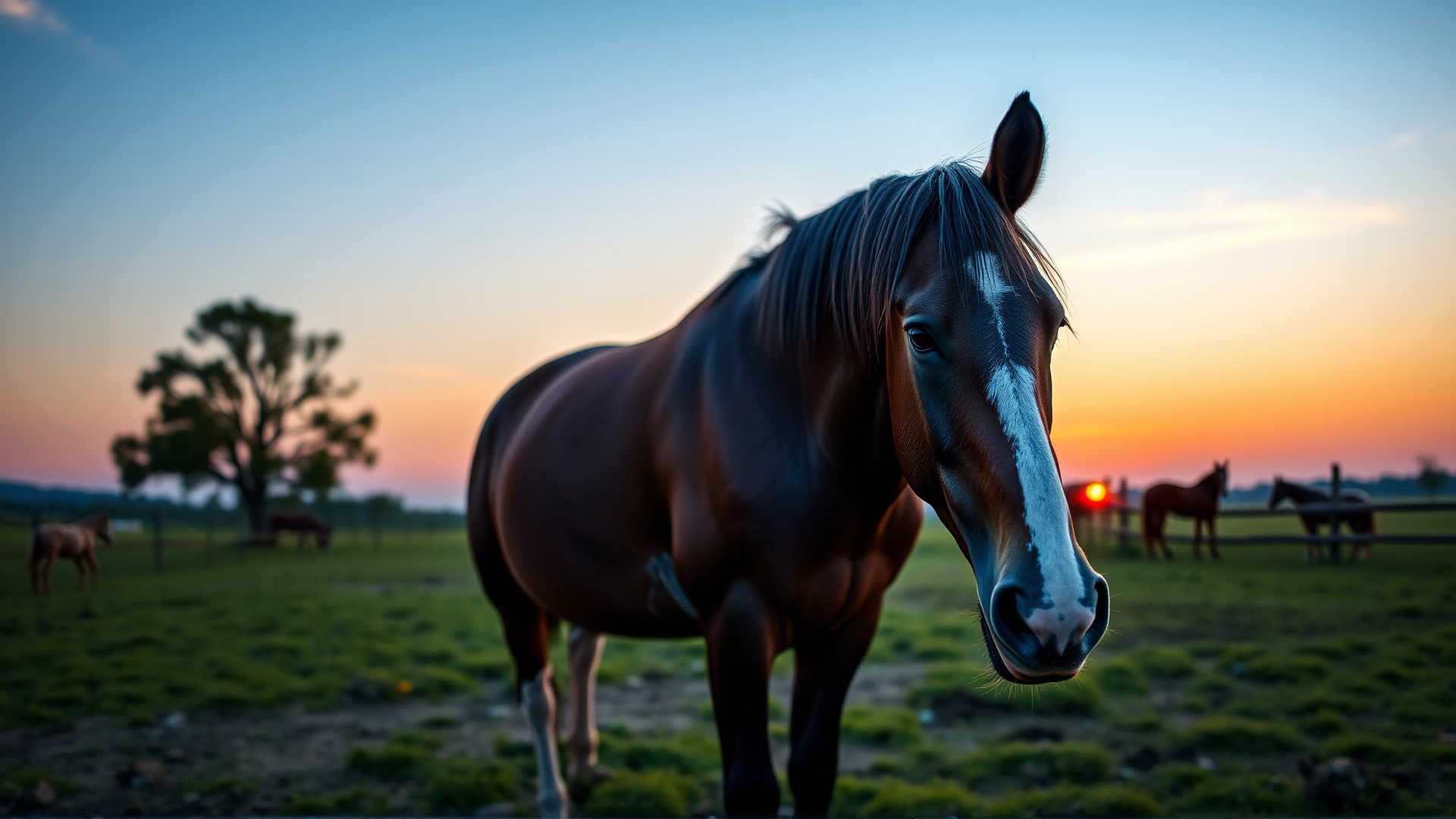Tranquil scene of a relaxed horse standing peacefully in a paddock at sunset, conveying calmness