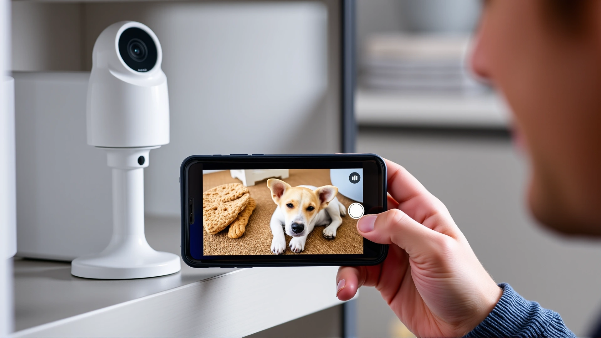 Pet camera on a shelf streaming live footage of a relaxed dog on a smartphone screen held by a smiling owner.