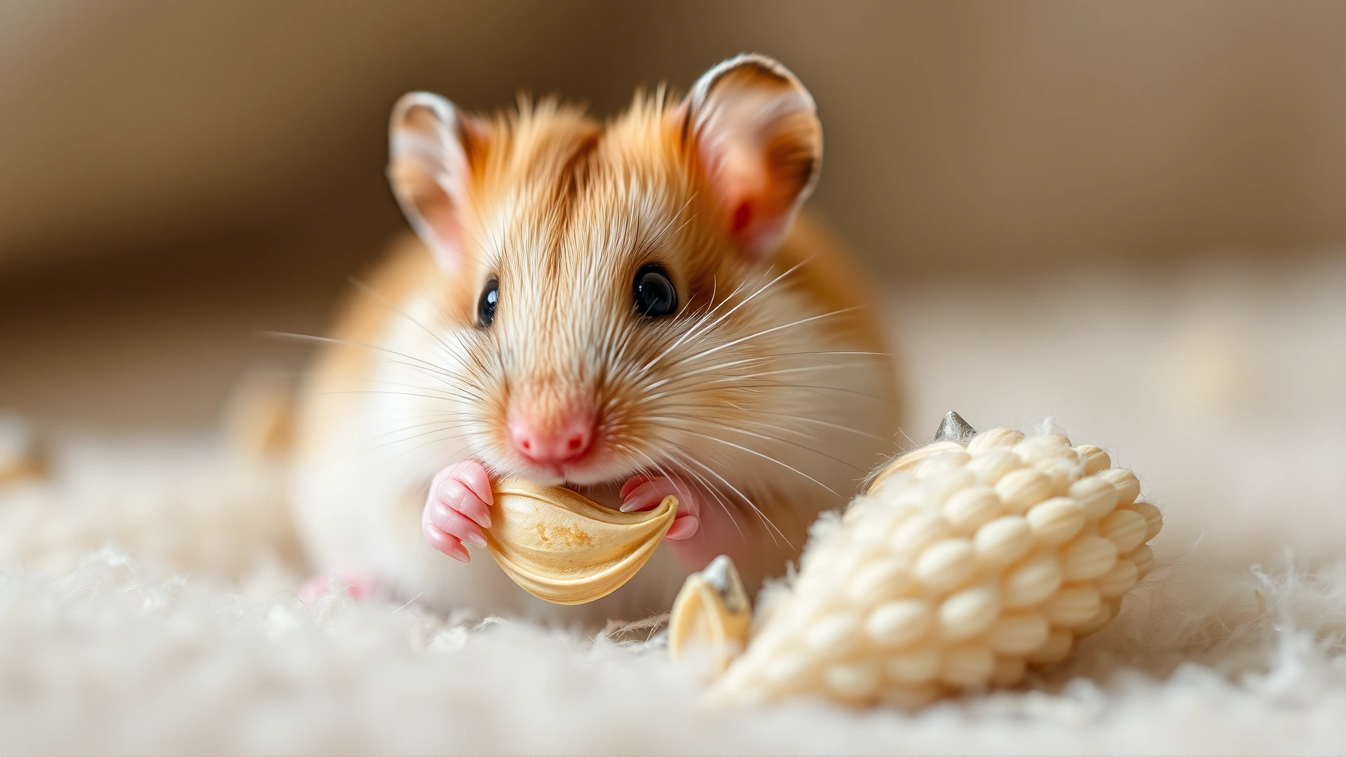 Campbell dwarf hamster nibbling on a seed while sitting on soft bedding, macro shot, natural light