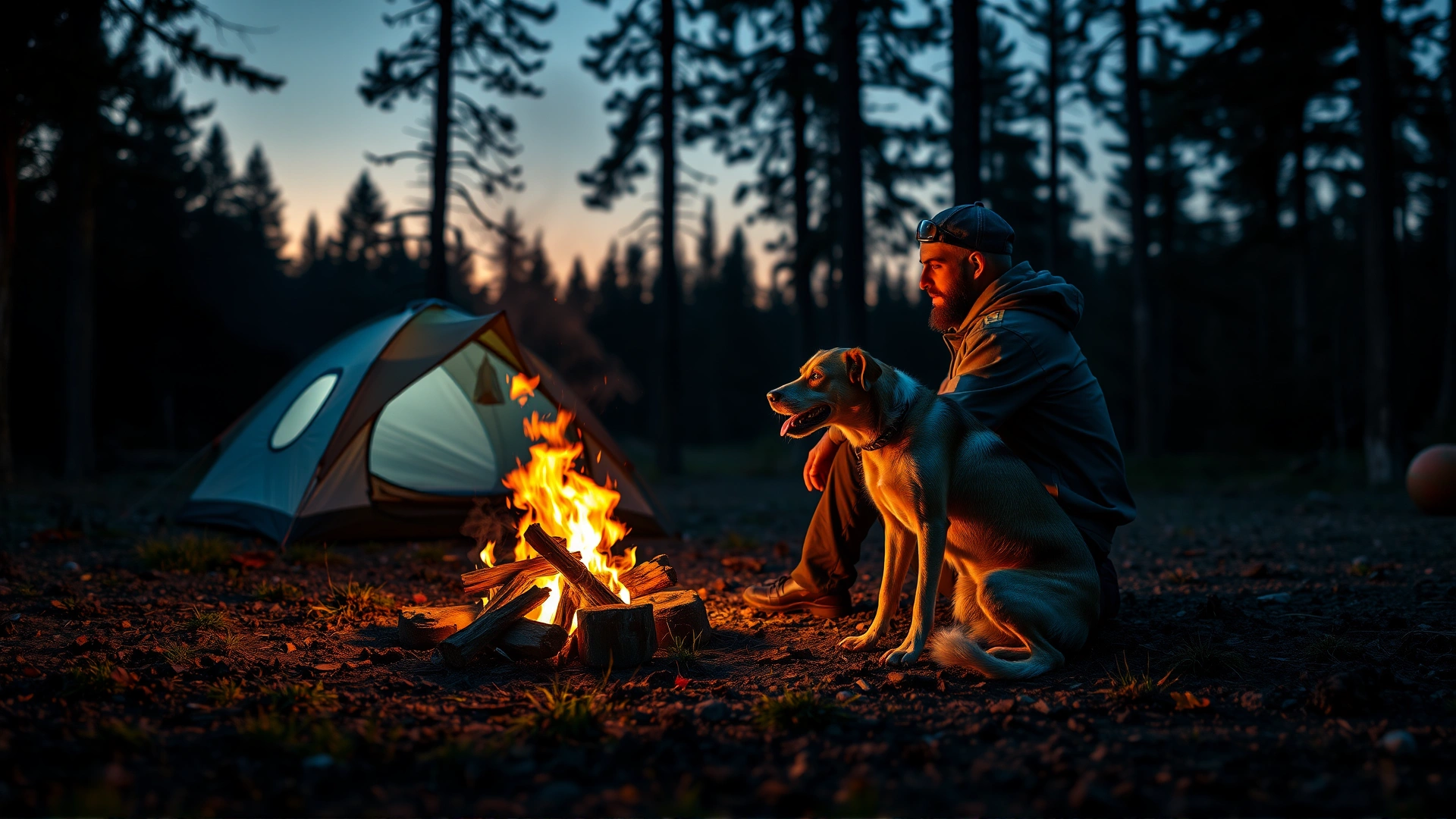 Dog and owner sitting beside a small campfire in the evening at a forest campsite, tent illuminated behind them, stars beginning to appear in the sky, no text on image