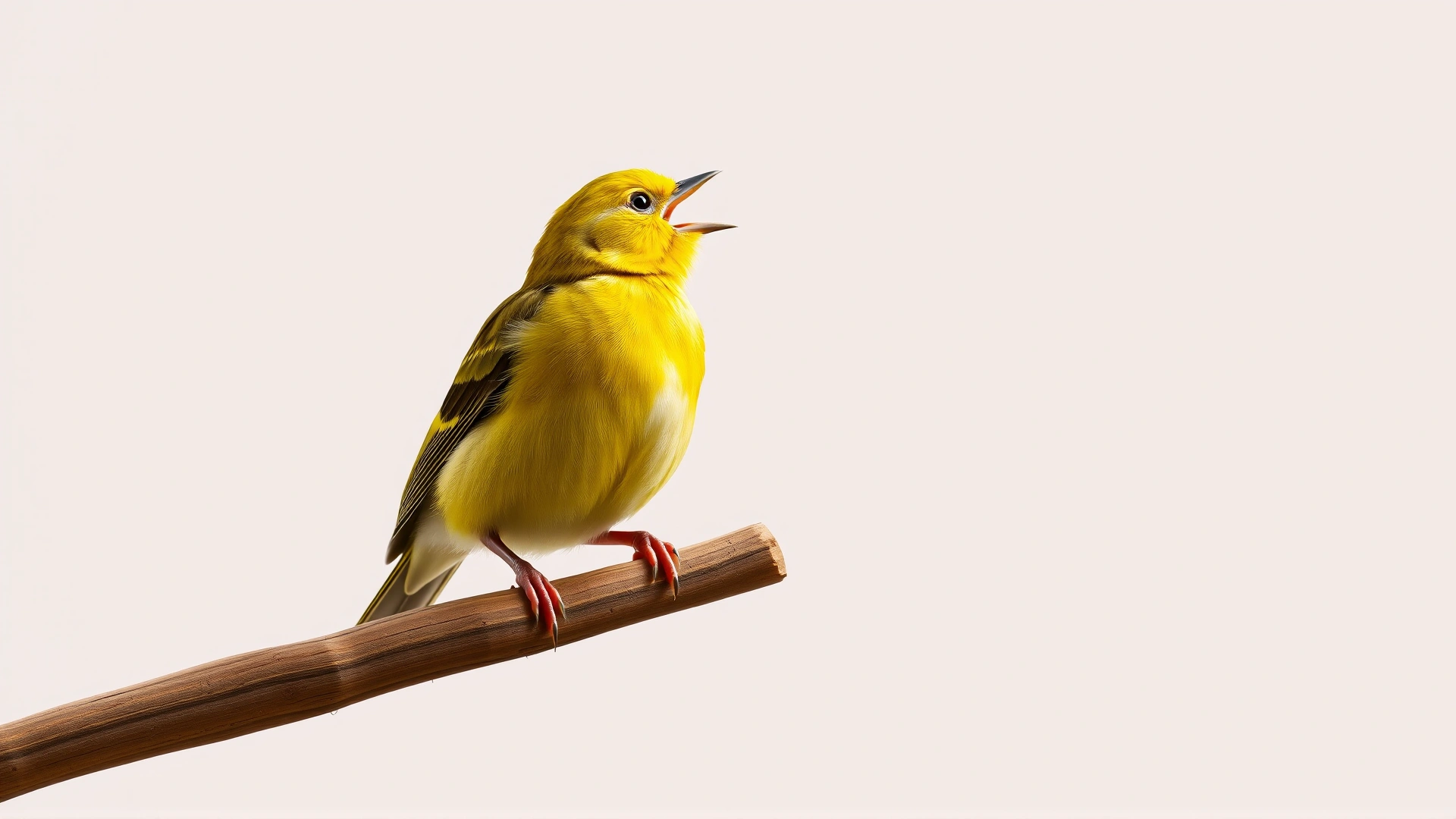 A small yellow canary singing while standing on a simple wooden perch against a neutral background
