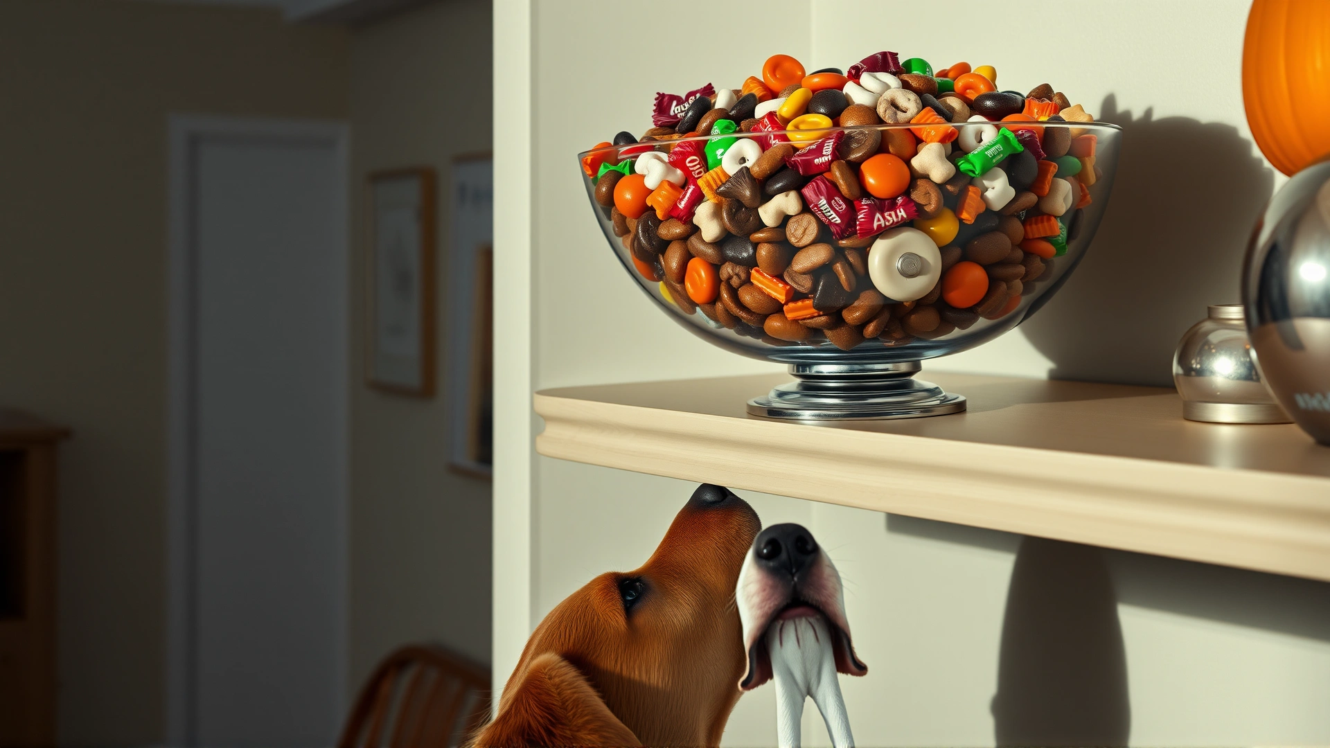 Large bowl full of assorted Halloween candies placed on a high shelf while a dog below looks up longingly, home interior, daylight.