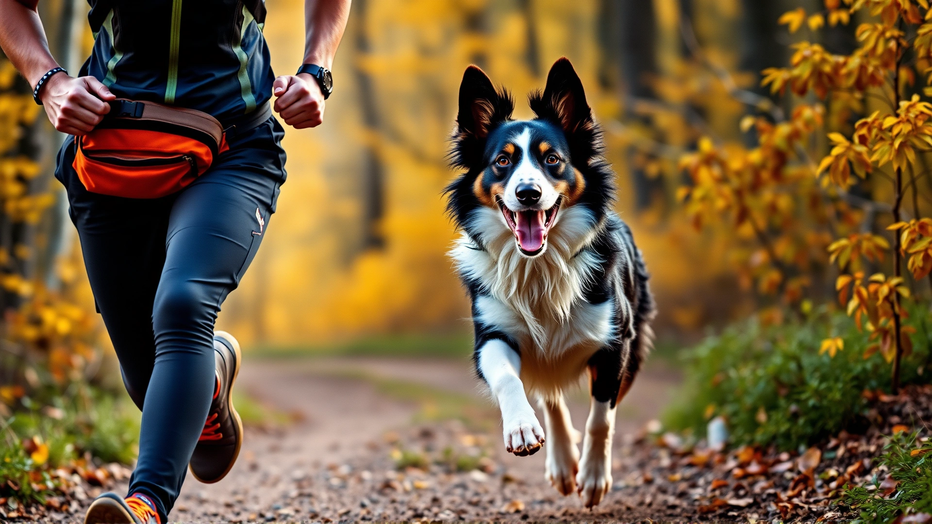 Trail runner wearing a waist belt attached to an energetic border collie pulling ahead on a forest path during autumn.