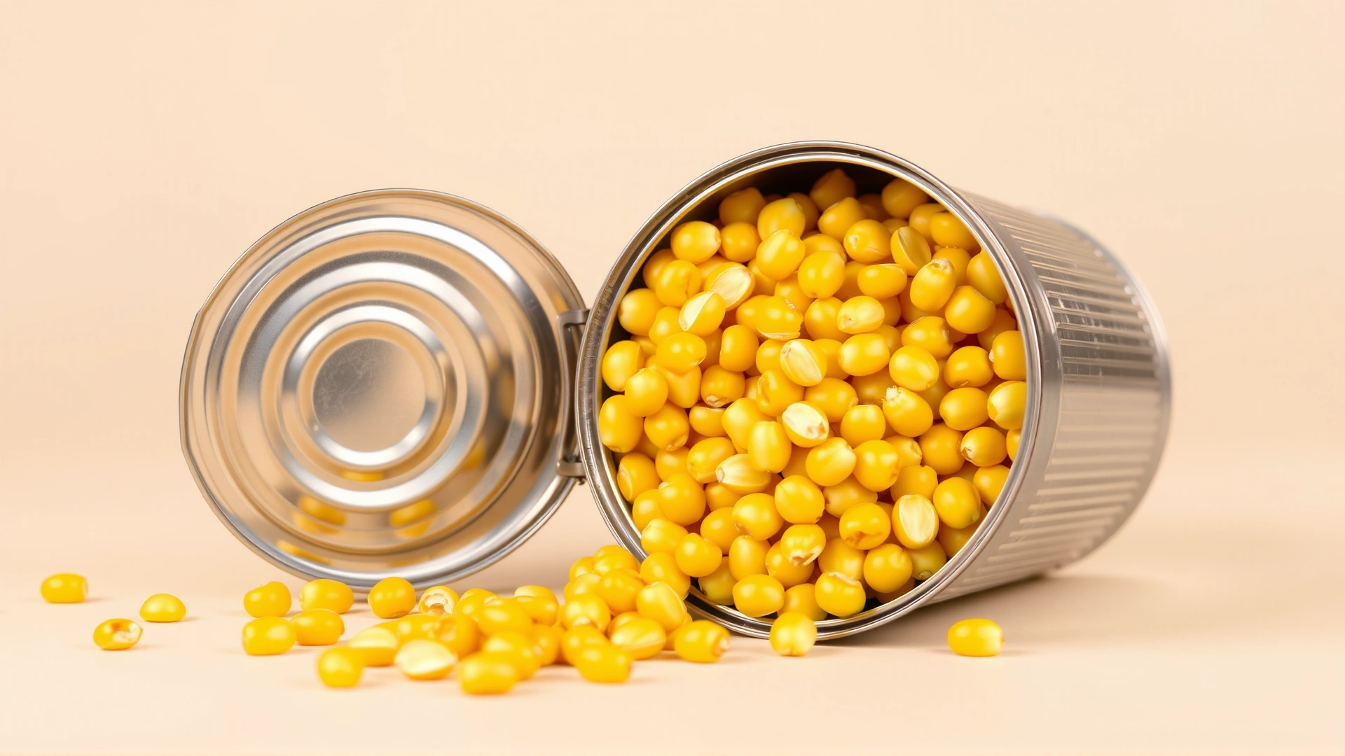 An open tin can filled with vibrant yellow corn kernels on a neutral light background